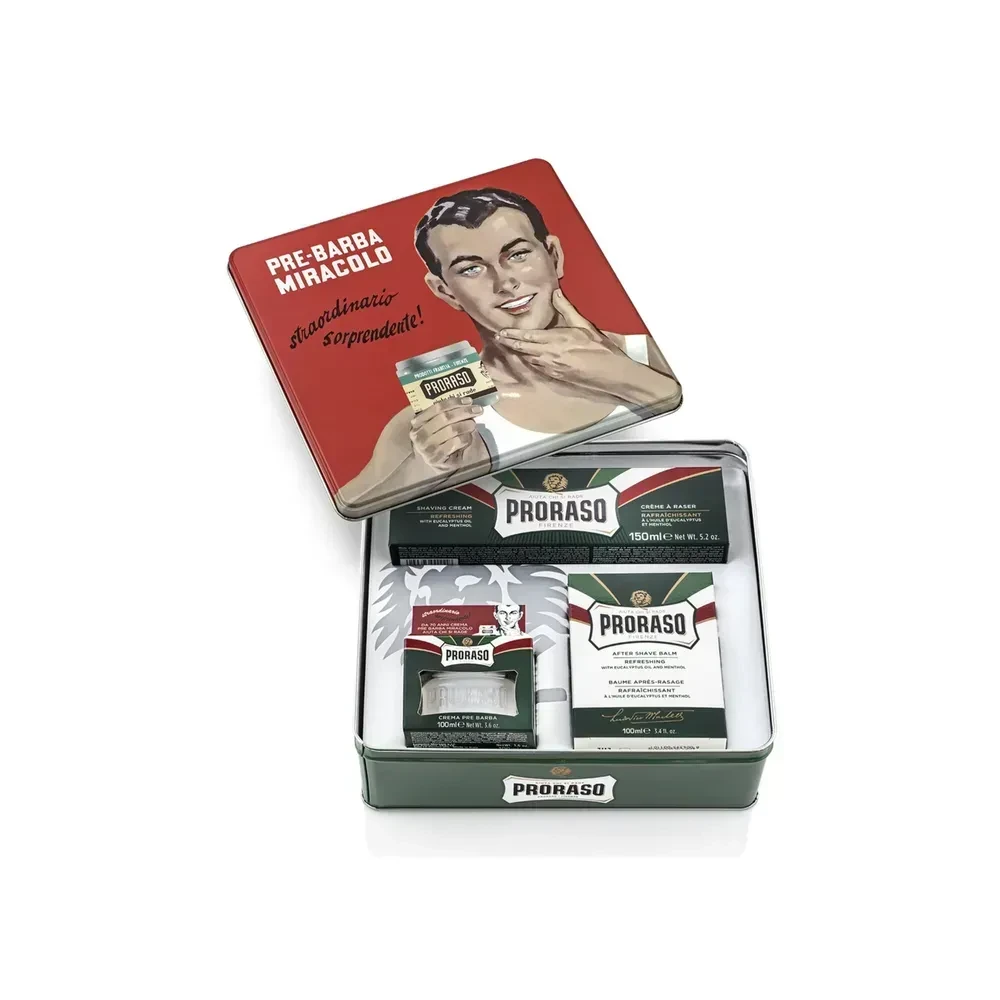 Подарунковий набір для гоління Proraso Vintage Selection Gino Refreshing у вінтажній металевій коробці з евкаліптом та ментолом Подарунковий набір для гоління Proraso Vintage Selection Gino Refreshing у вінтажній металевій коробці з евкаліптом та ментолом