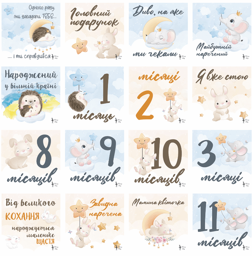 Карточки для фотосессий малыша №6 Ёжики и зайчики 30 двусторонних карточек 10х10 см (142614)