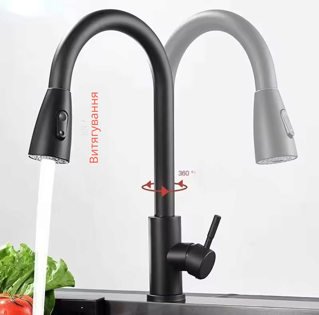 Смеситель для кухни один рычажный с выдвижной воронкой и гибким изливом Черный мат - фото 3 Смеситель для кухни один рычажный с выдвижной воронкой и гибким изливом Черный мат - фото 3