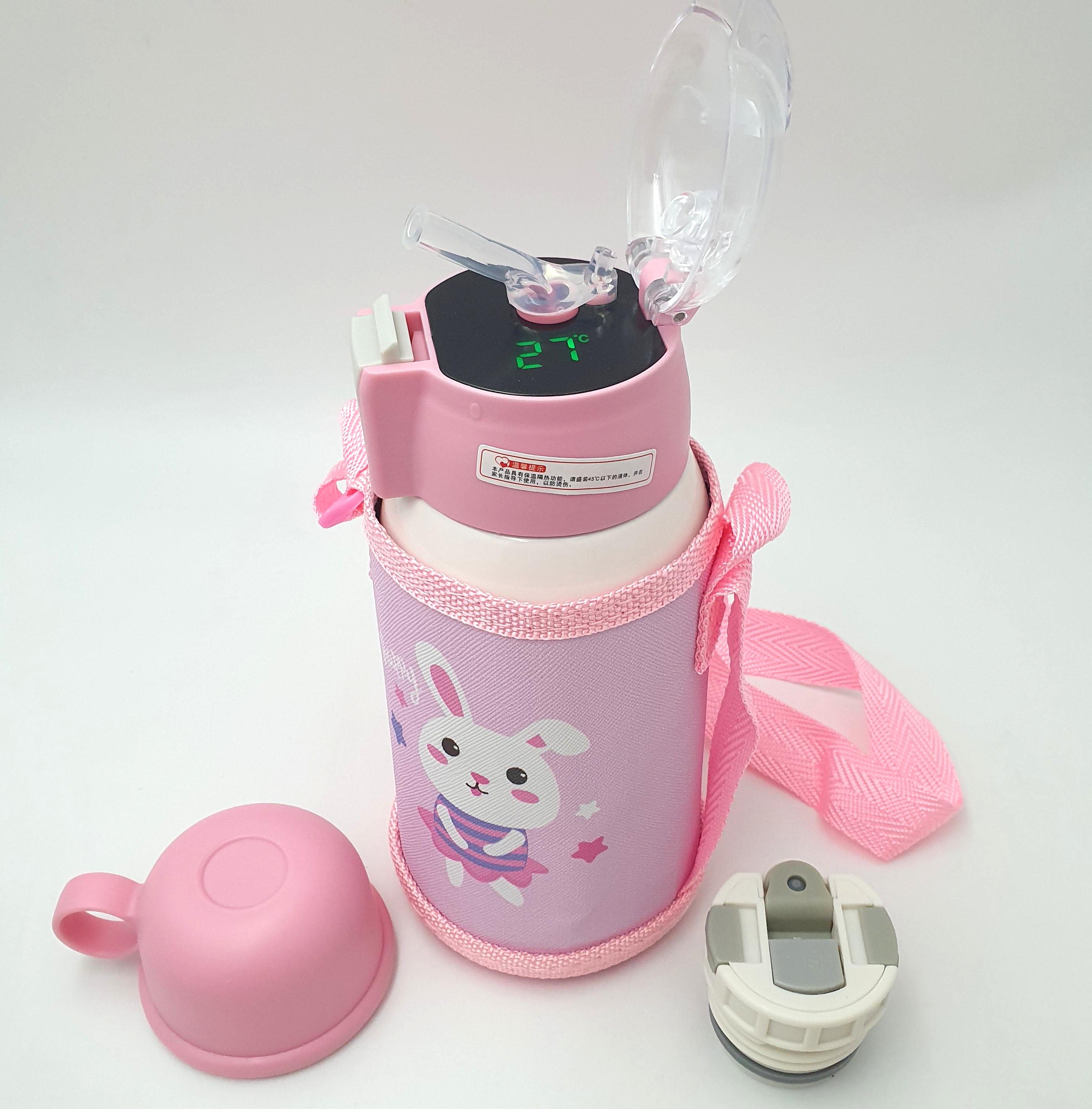 Термос для води UKC WB-008 з трубочкою напувалкою з чохлом та датчиком індикатором температури 500 мл Рожевий