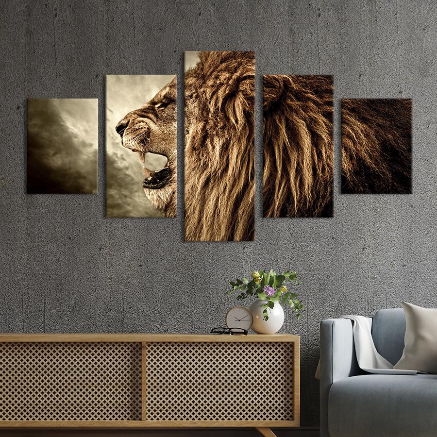 Модульная картина из 5 частей на холсте интерьерная картина Опасный оскал льва 162x80 см (142-52) Модульная картина из 5 частей на холсте интерьерная картина Опасный оскал льва 162x80 см (142-52)