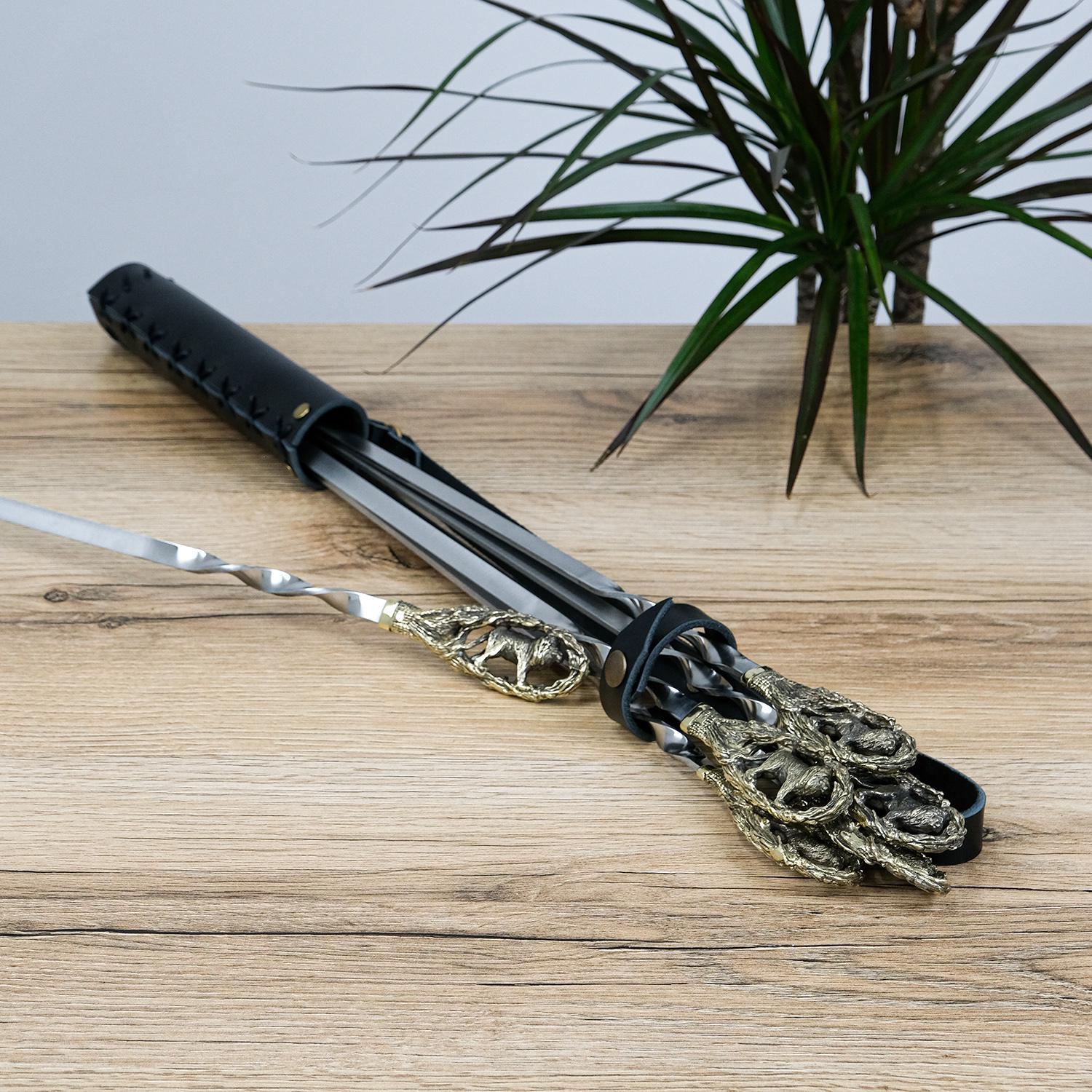 Шампуры Гранд Презент GPNSH70089 Лев с ручками из бронзы в колчанке из натуральной кожи 6 шт. (24498)