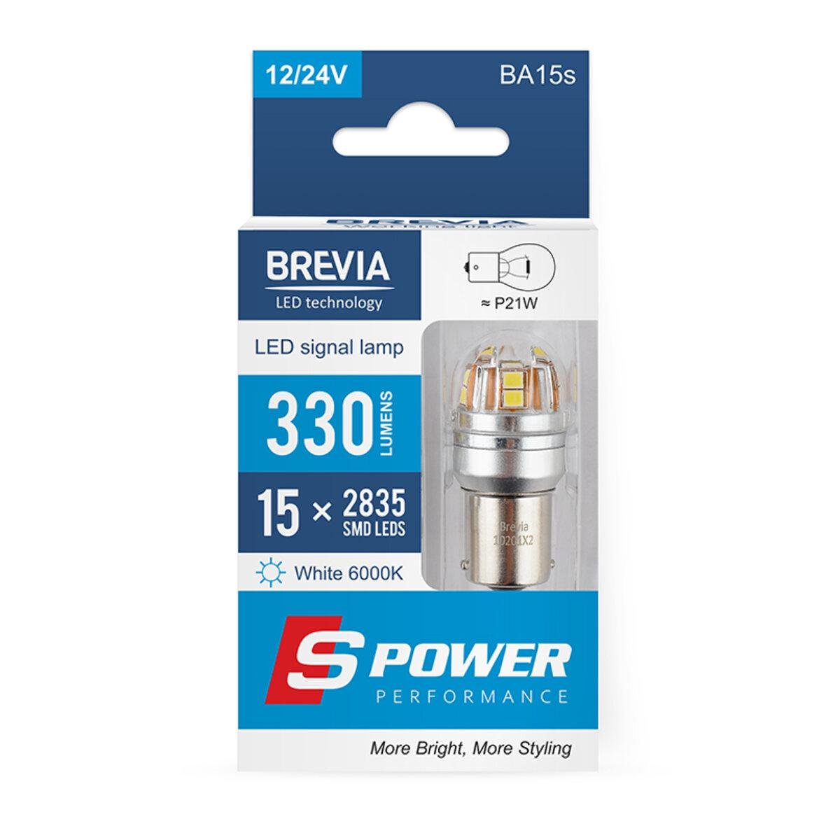 Автолампа LED Brevia P21W S-Power 330Lm 15x2835SMD 12/24V 2 шт. (4535)