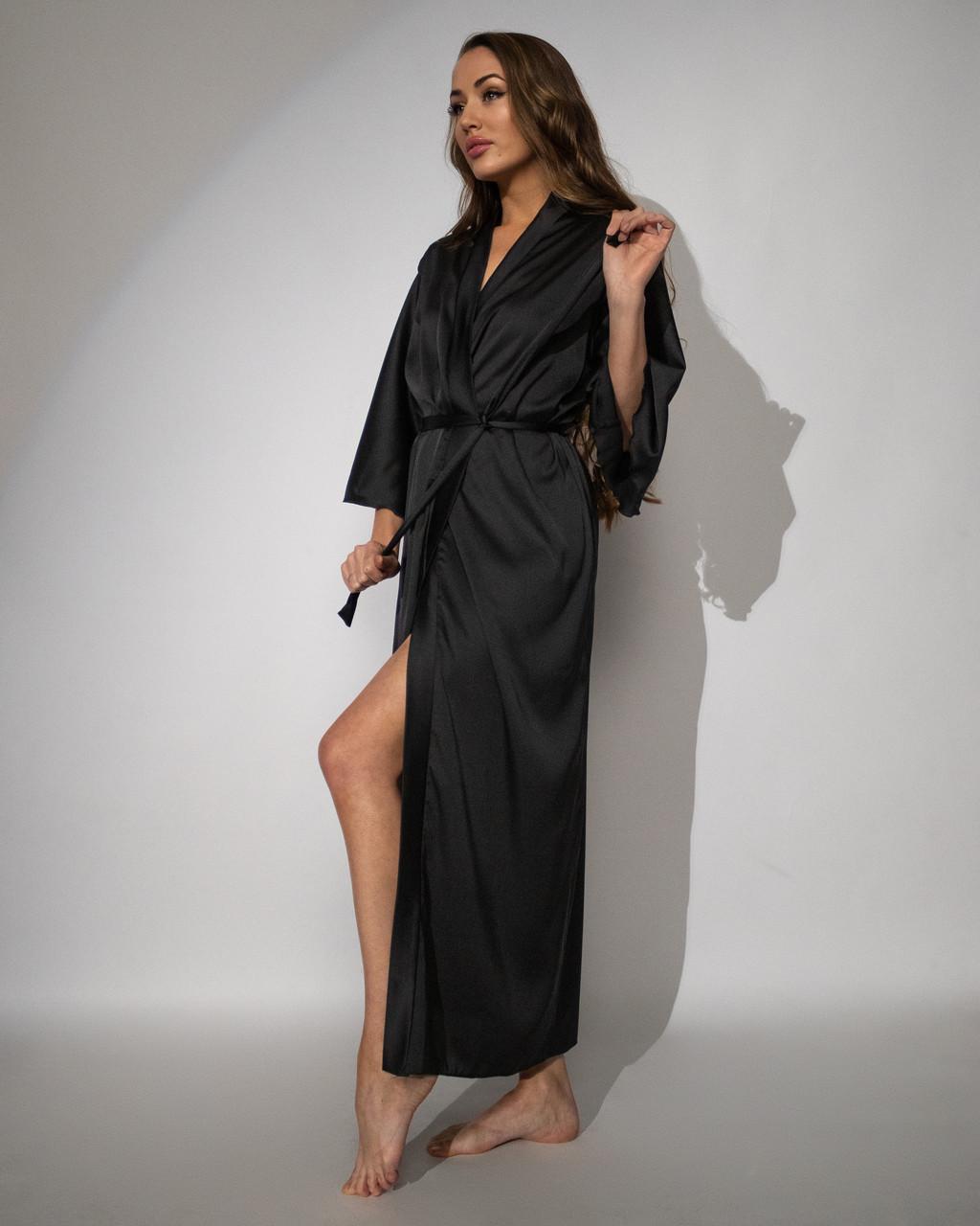 Халат жіночий довгий шовковий 2XL Чорний - фото 2 Халат жіночий довгий шовковий 2XL Чорний - фото 2