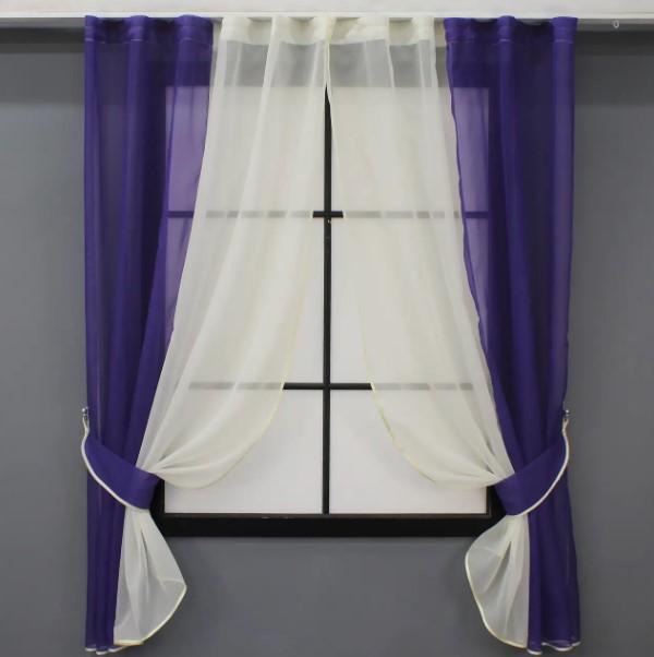 Комплект штор на кухню с подвязками 265х170 см Фиолетовый/Молочный (017к) Комплект штор на кухню с подвязками 265х170 см Фиолетовый/Молочный (017к)