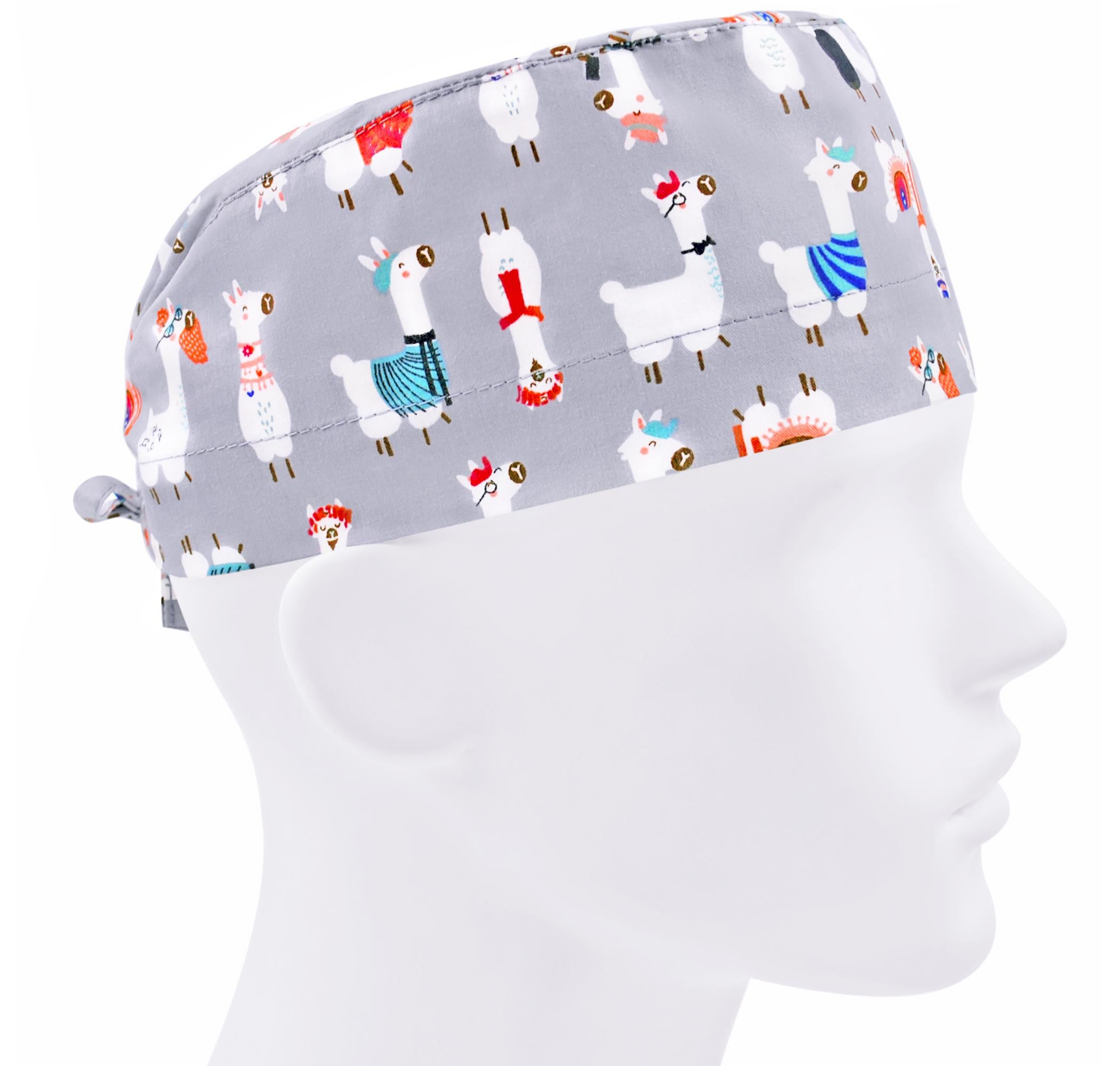 Шапочка медицинская мужская FloralScrubs Ламы на сером универсальная (М045)