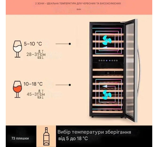 Винний холодильник KLARSTEIN Vinamour 73 Duo 192 л 73 пляшки (10041314) - фото 2 Винний холодильник KLARSTEIN Vinamour 73 Duo 192 л 73 пляшки (10041314) - фото 2