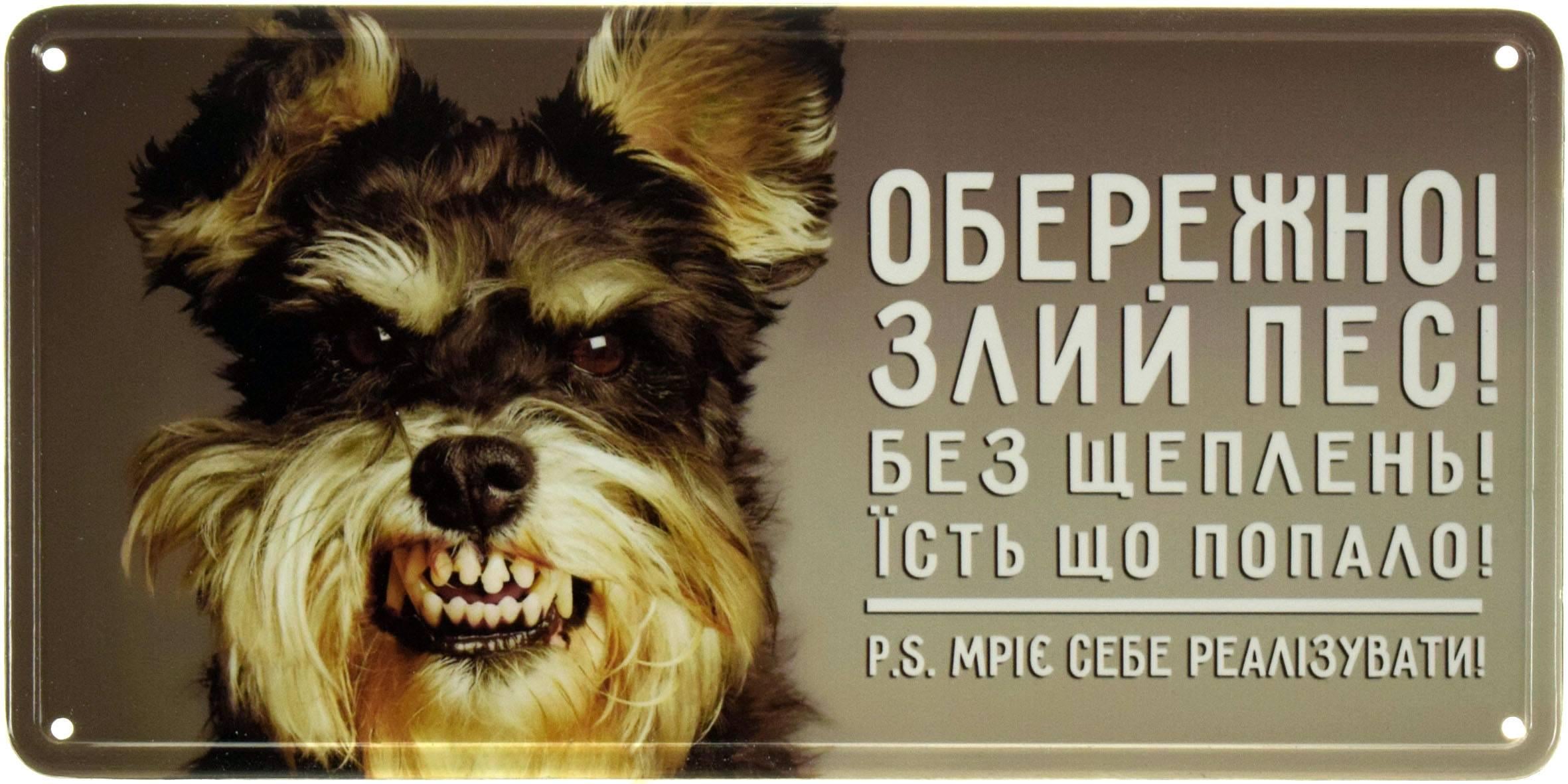 Табличка металлическая "Обережно! Злий Пес! Без Щеплень! Їсть Що Попало! PS Мріє Себе Реалізувати!" 15x30 см