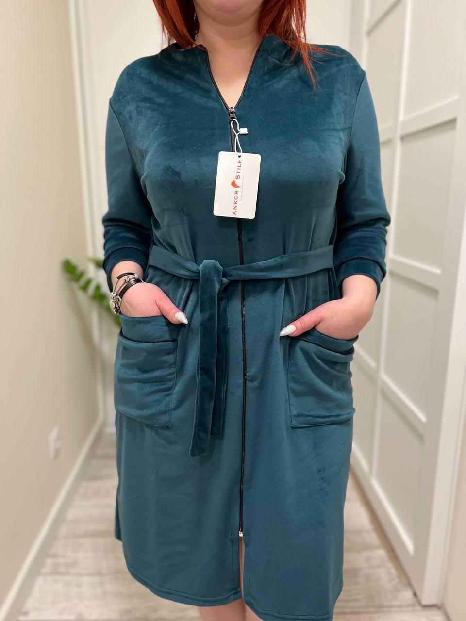 Халат женский велюровый на молнии р. 54 Зеленый (Д-batal-velur-004-03)