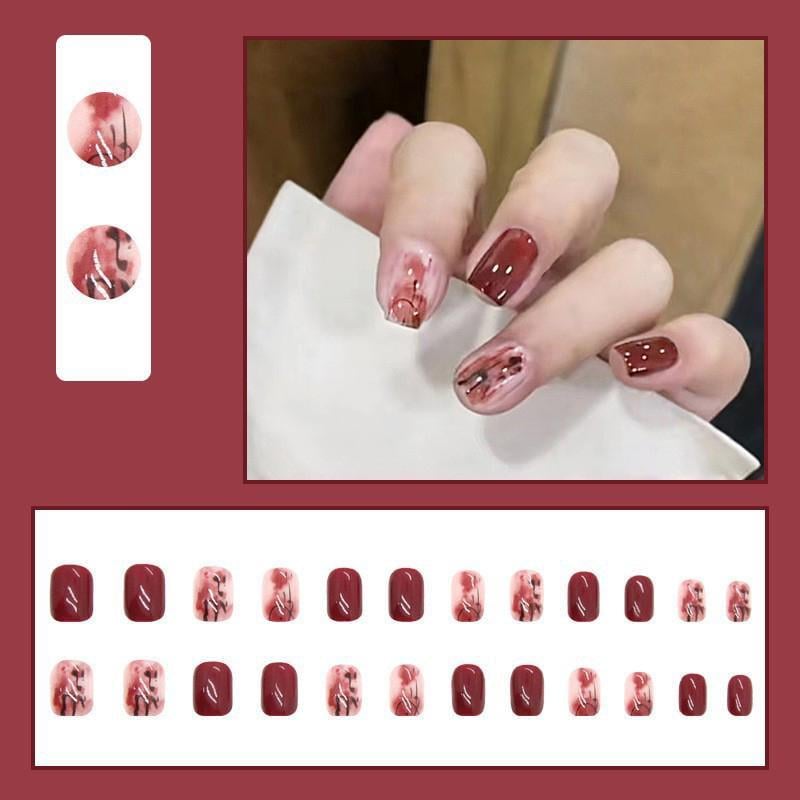 Накладные ногти дизайн с черными линиями с клеем Bananahall 24 шт. R660 Темно-красный (A9758) - фото 2 Накладные ногти дизайн с черными линиями с клеем Bananahall 24 шт. R660 Темно-красный (A9758) - фото 2