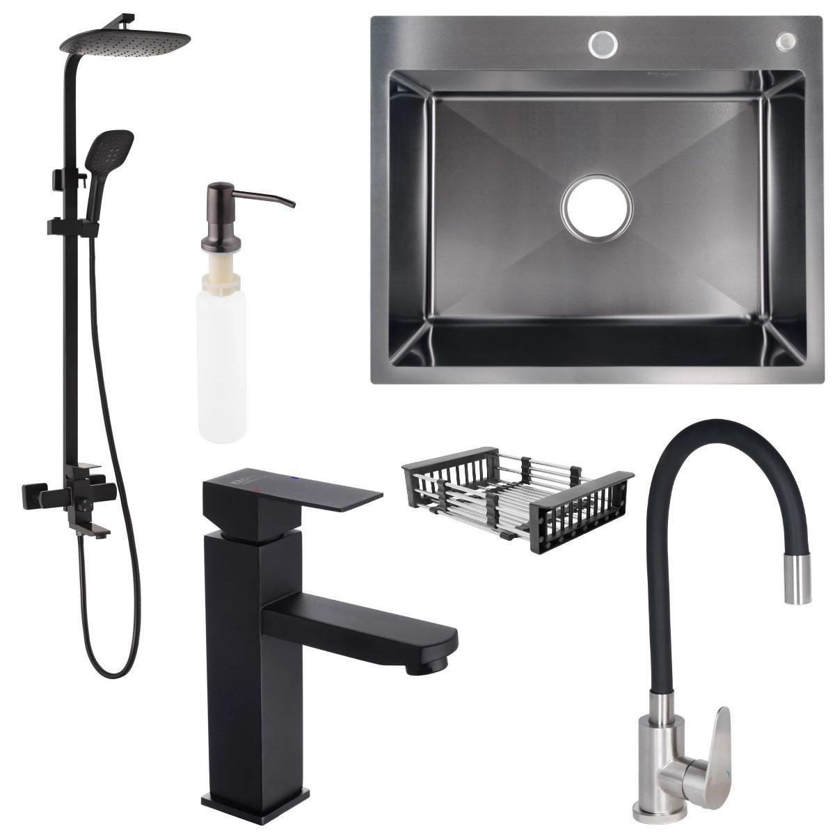 Мойка Lidz 6050/душевая система Kubis 1030/смеситель для раковины Kubis 001F/смеситель для кухни Vida 015F3 с гибким изливом Lidz