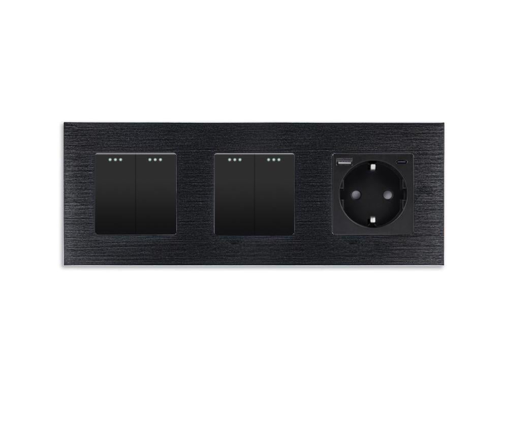 Выключатель перекрестный WALLPAD 4-клавишный 2-2 с розеткой USB A+C 20Вт с заземлением алюминий Черный