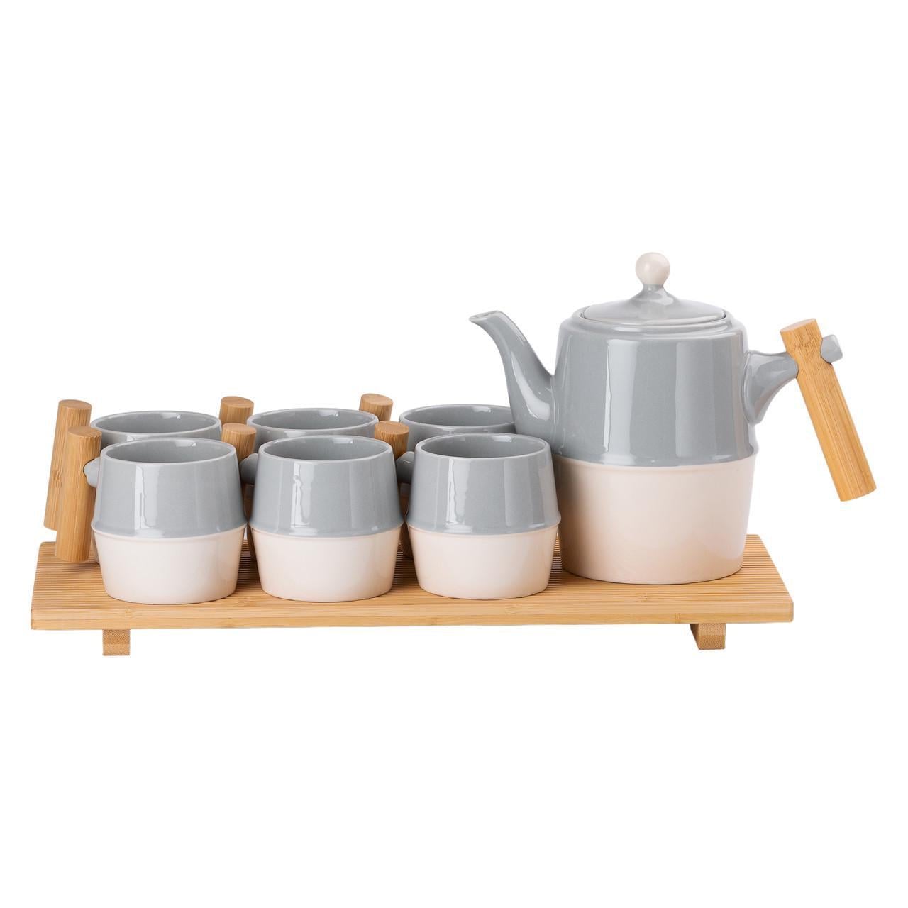Чайный сервиз с бамбуковой подставкой на 6 персон Серый (HP-15-22)