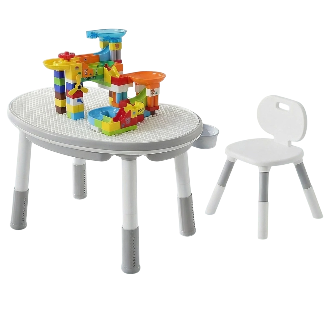 Комплект дитячий столик зі стільчиком Poppet Мультиплей Грейсі 5в1 та конструктор Круті віражі з гіркою (PP-SET-011GR-04)