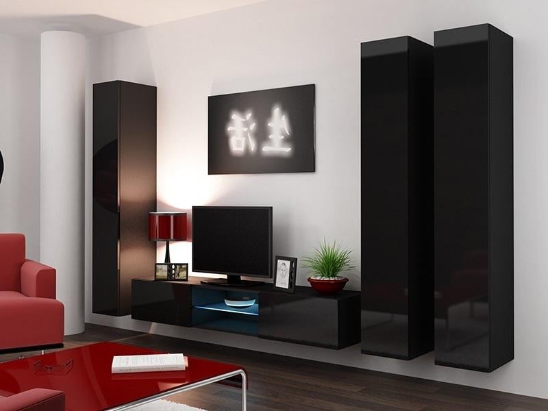Стенка в гостиную комплект Сama Vigo 18 из ламинированной ДСП без подсветки Черный матовый/Черный глянец (21639) - фото 2