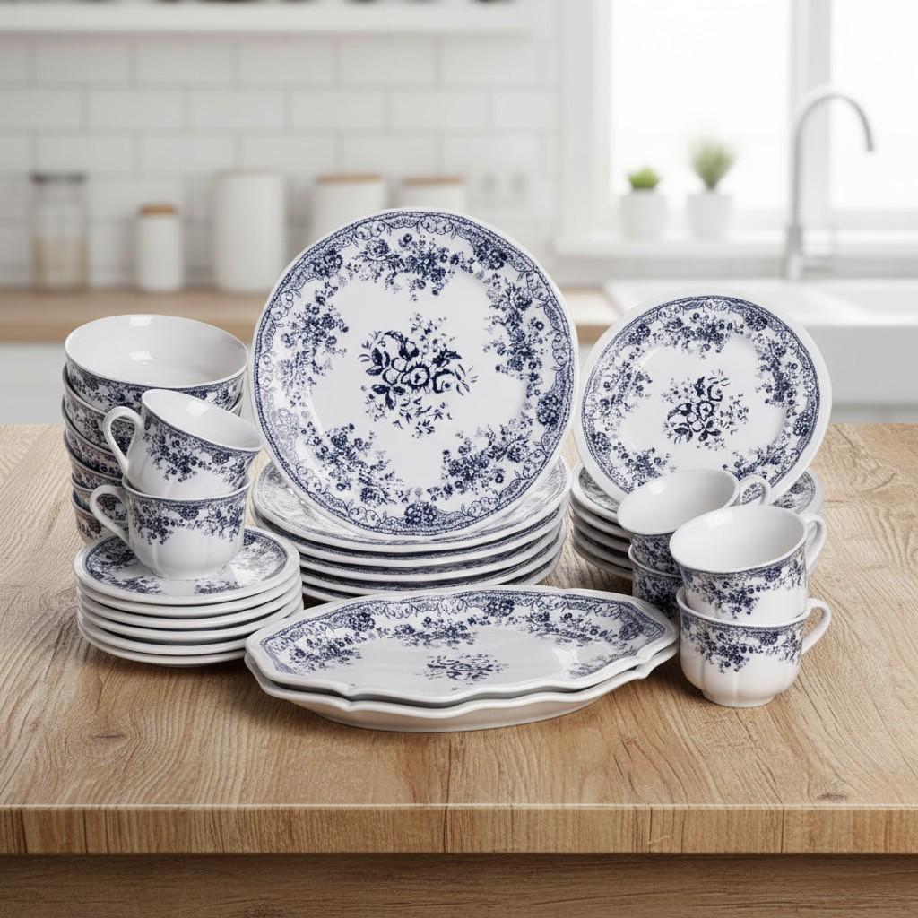 Столовый сервиз фарфоровой посуды на 6 персон Vintage Elegant комплект тарелок и чашек 32 предмета Белый/Синий (YY78-6A)