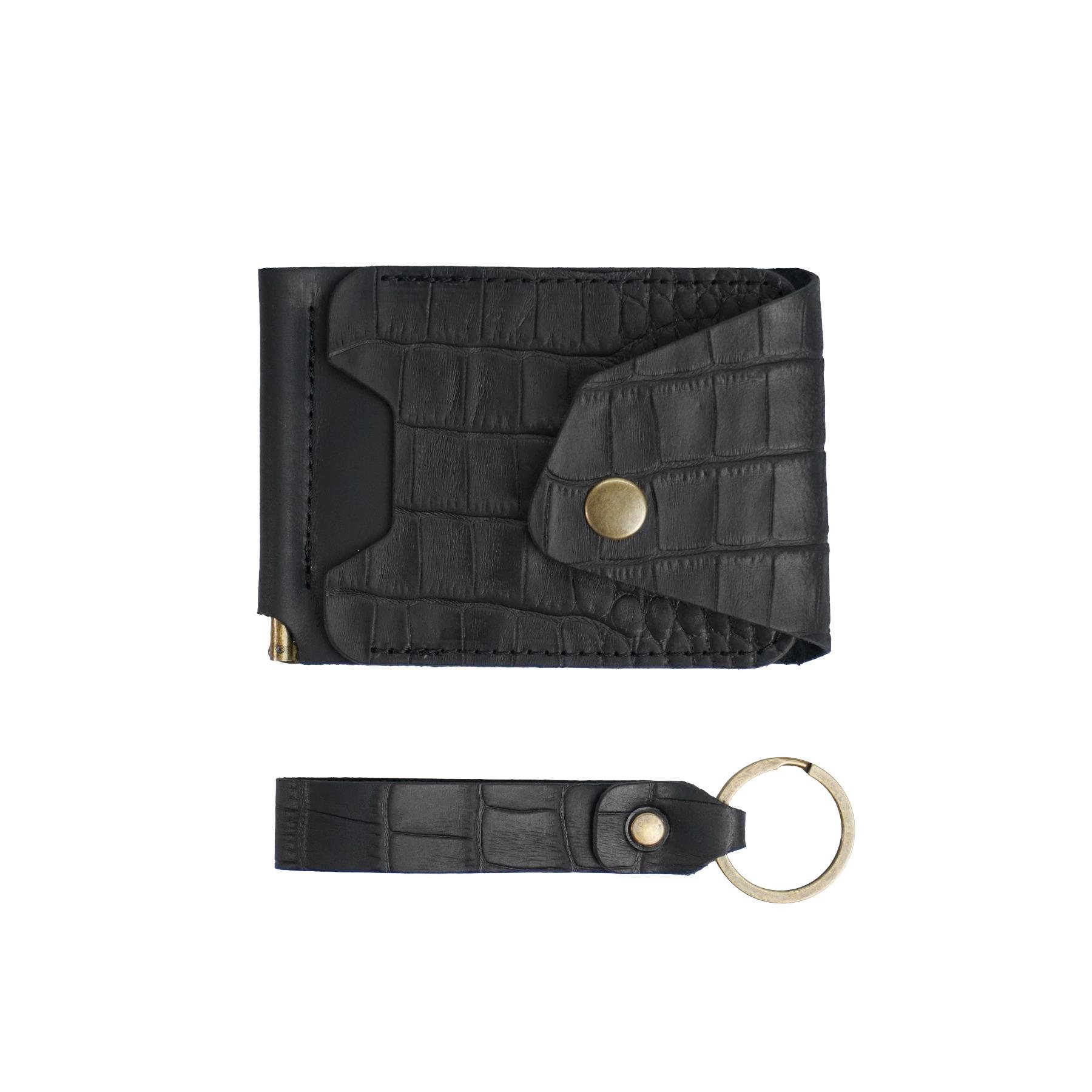 Зажим для денег Крокодил с монетницей кожаный Черный (M-02r)