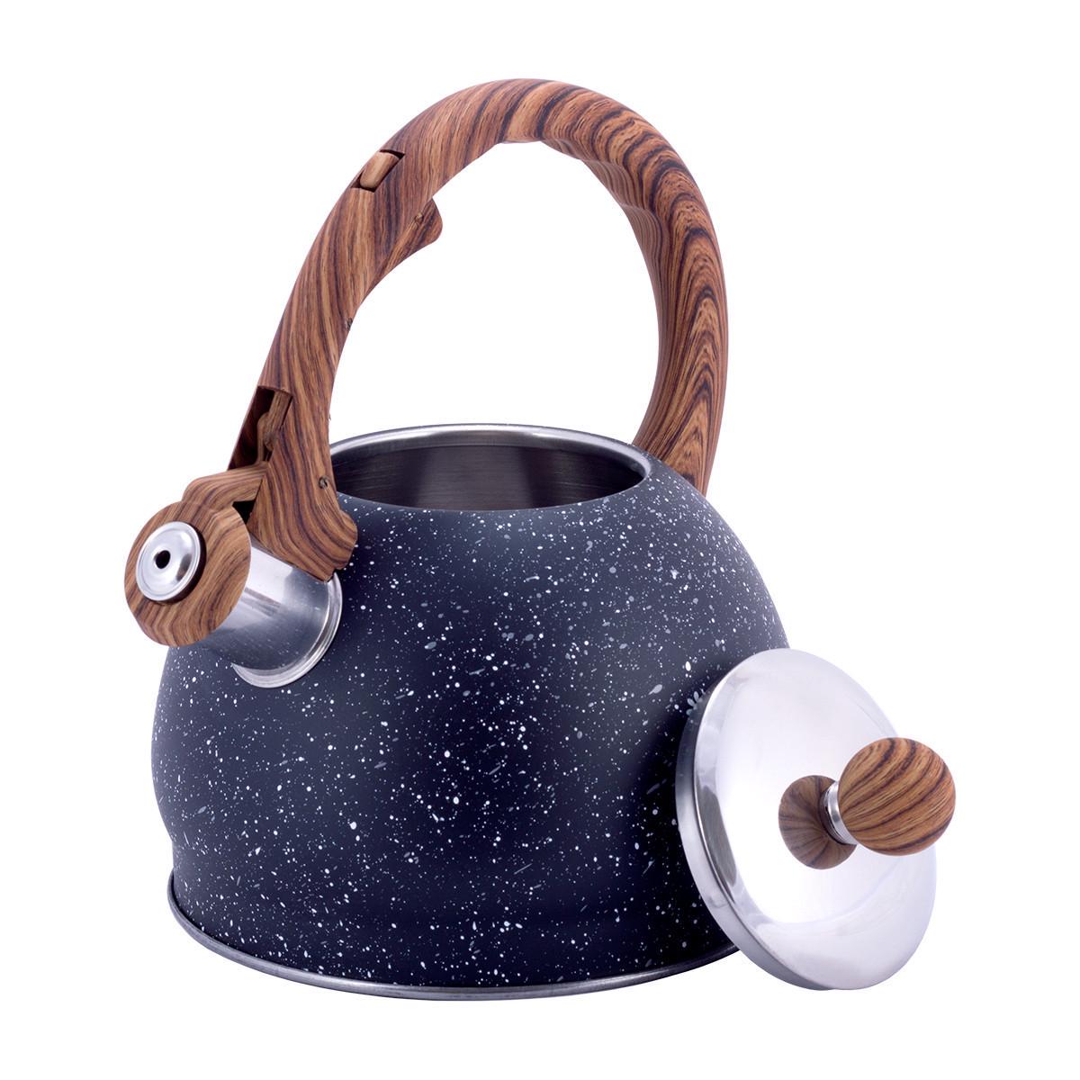 Чайник со свистком и бакелитовой ручкой под дерево Kamille KM-1071 из нержавеющей стали 2 л Черный мрамор (150-84-1071) - фото 5
