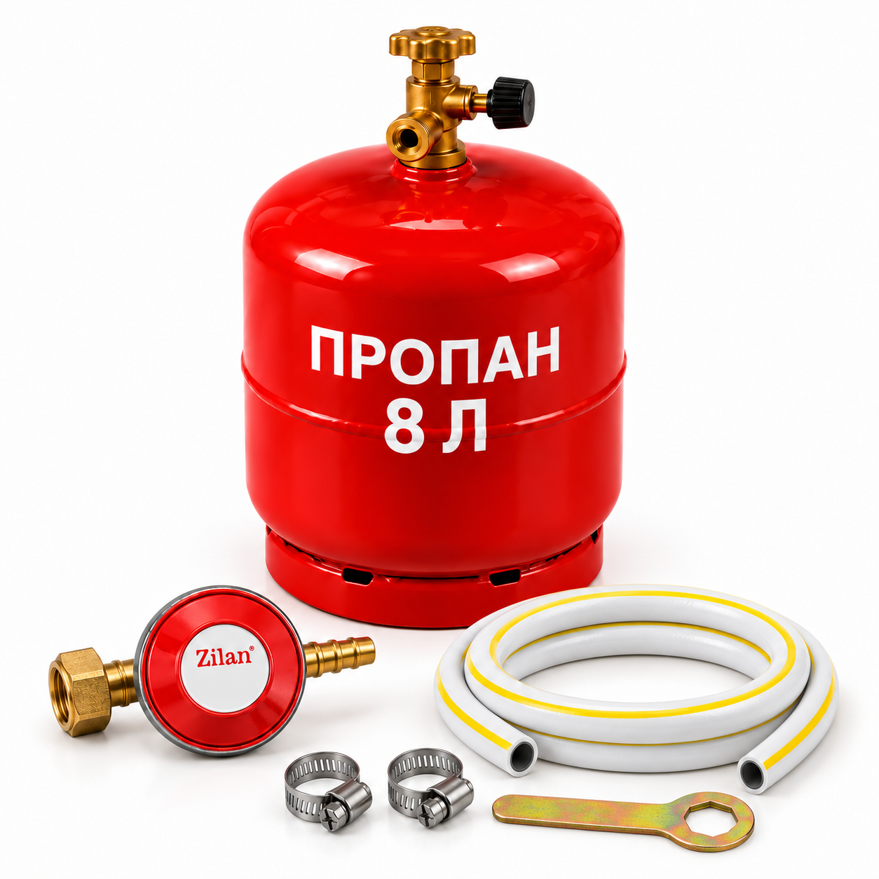 Баллон газовый 8 л с редуктором Zilan/шлангом 2 м/2 хомутами/ключом (NEW-07)