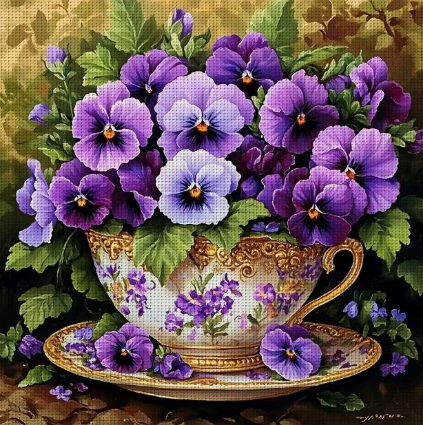Набор для вышивки крестом JOZYSH Фиалки в винтажной чашке - цветочный натюрморт 11CT канва Аида с нанесенным рисунком 40х40 см (2970336796)