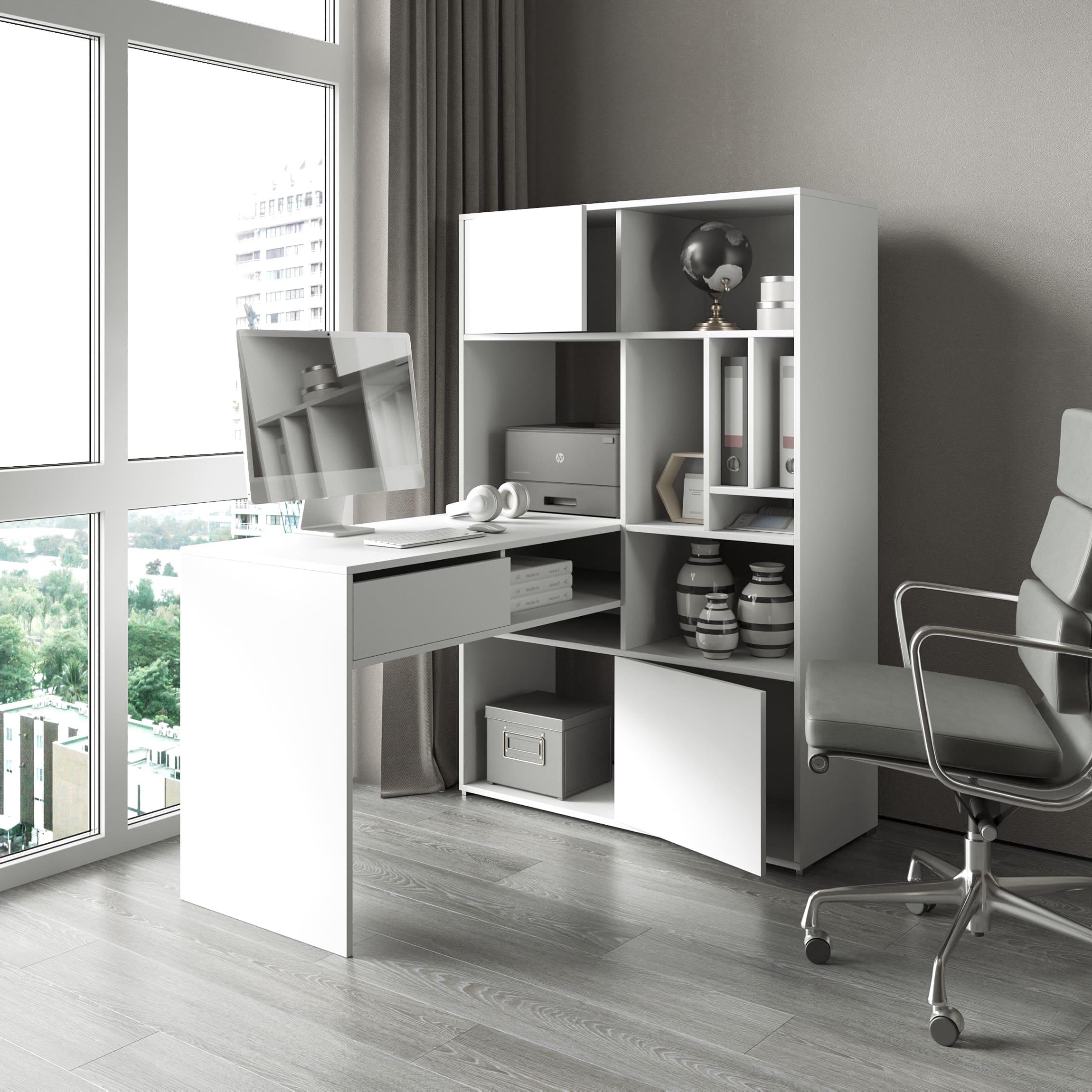 Письменный стол угловой для компьютера с ящиками и стеллажом Белый (380167)