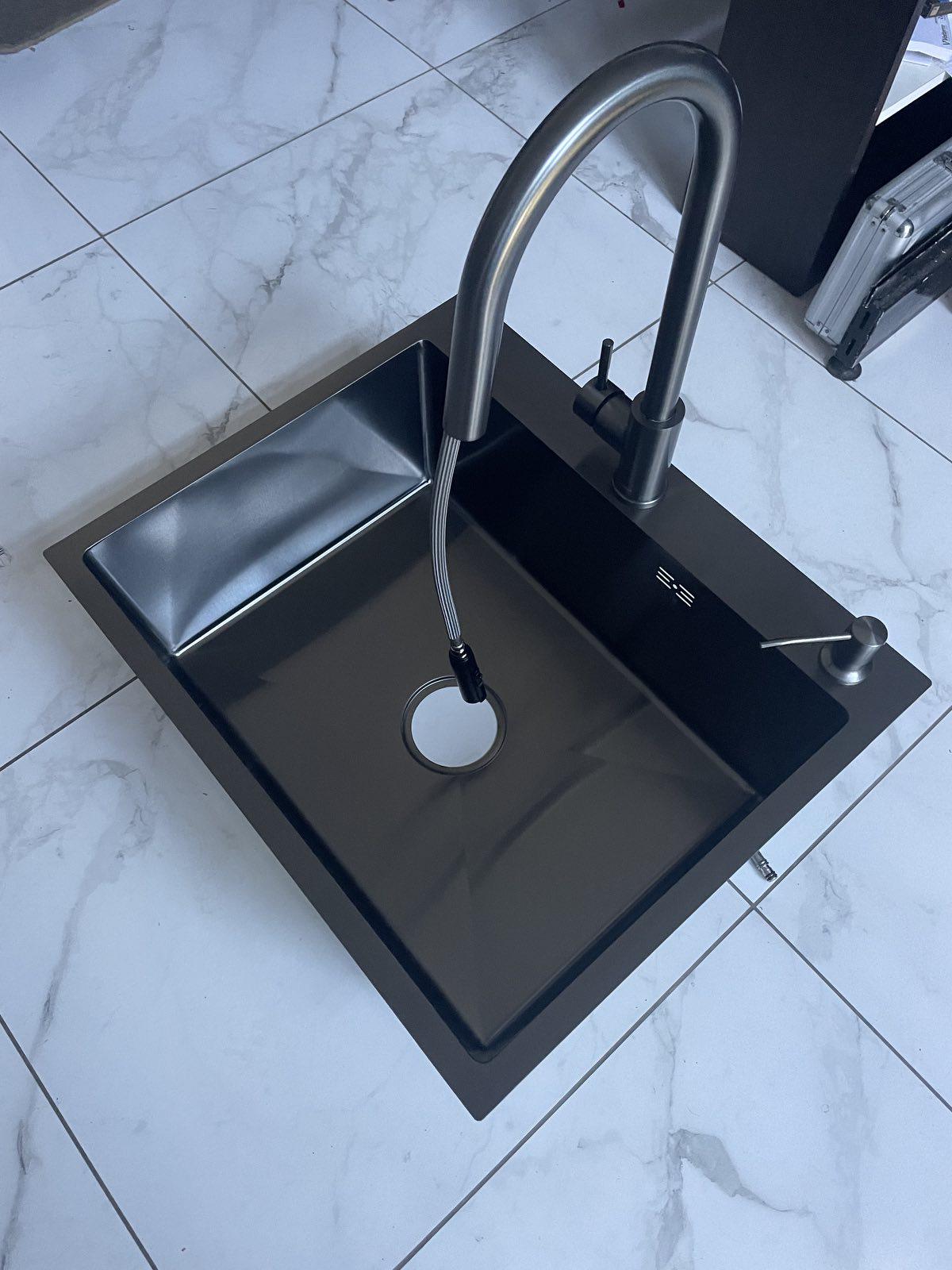 Мойка кухонная Lidz 6050 Черный/смеситель для кухни с выдвижным изливом Kroner PVD03915 - фото 6