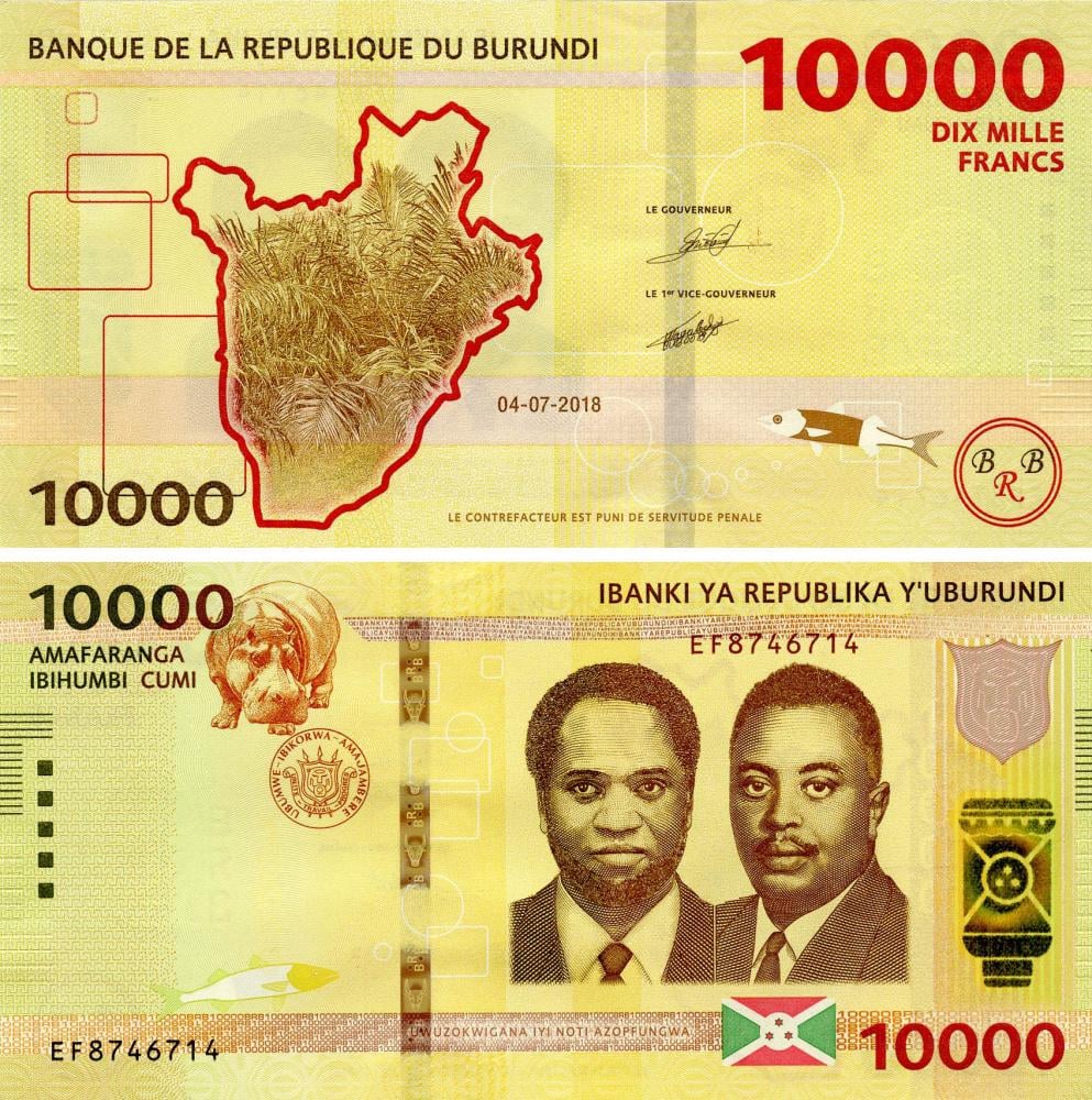 Коллекционная банкнота Бурунди 10000 франков 2018 UNC Бегемот Гиппопотам P54 (Б18110)
