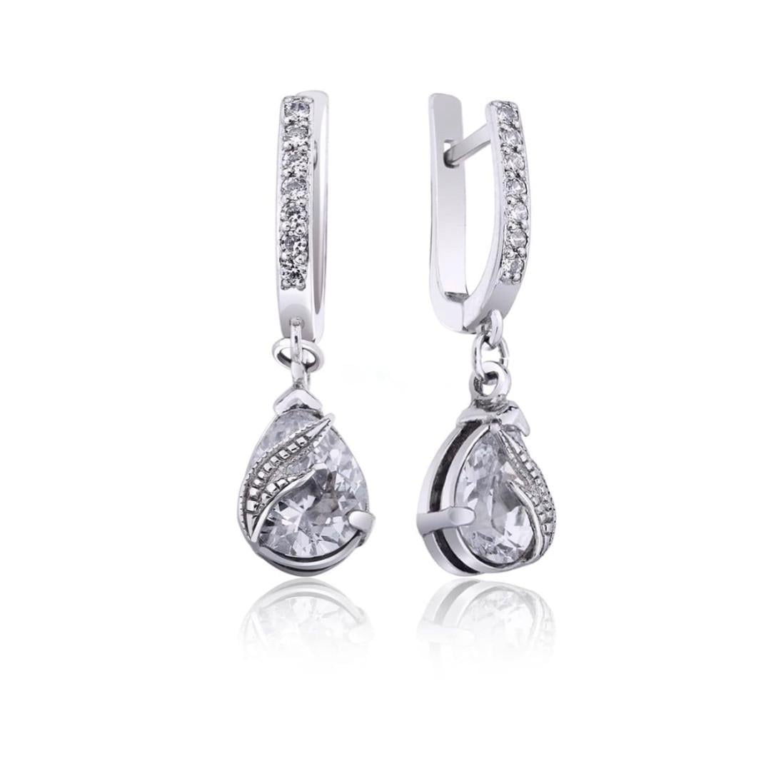 Серьги длинные с подвеской капелька с белыми камнями серебро 925 пробы родированное 4,19 г (72239б)