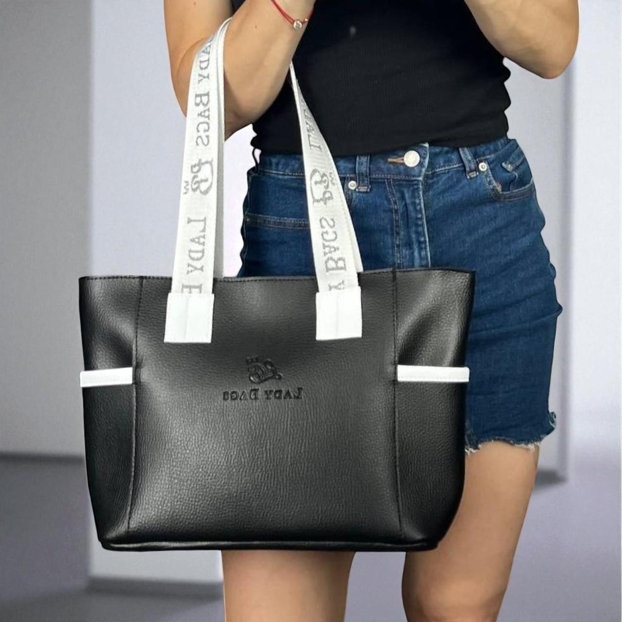 Сумка-шопер містка велика жіноча на плече екошкіра вміщує А4 Чорний з білим