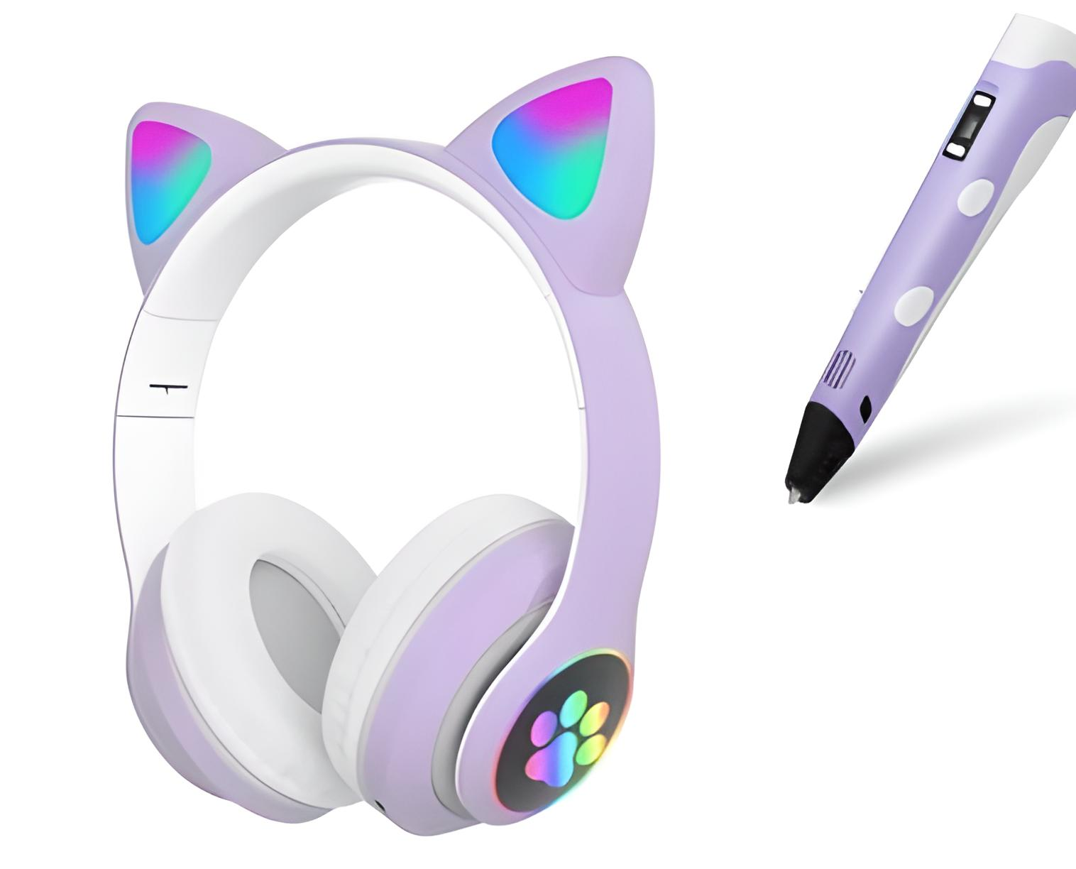 Комплект дитячий STN-28 навушники з котячими вушками/3D-ручка для малювання/пластик 150 м Різнокольоровий/Фіолетовий