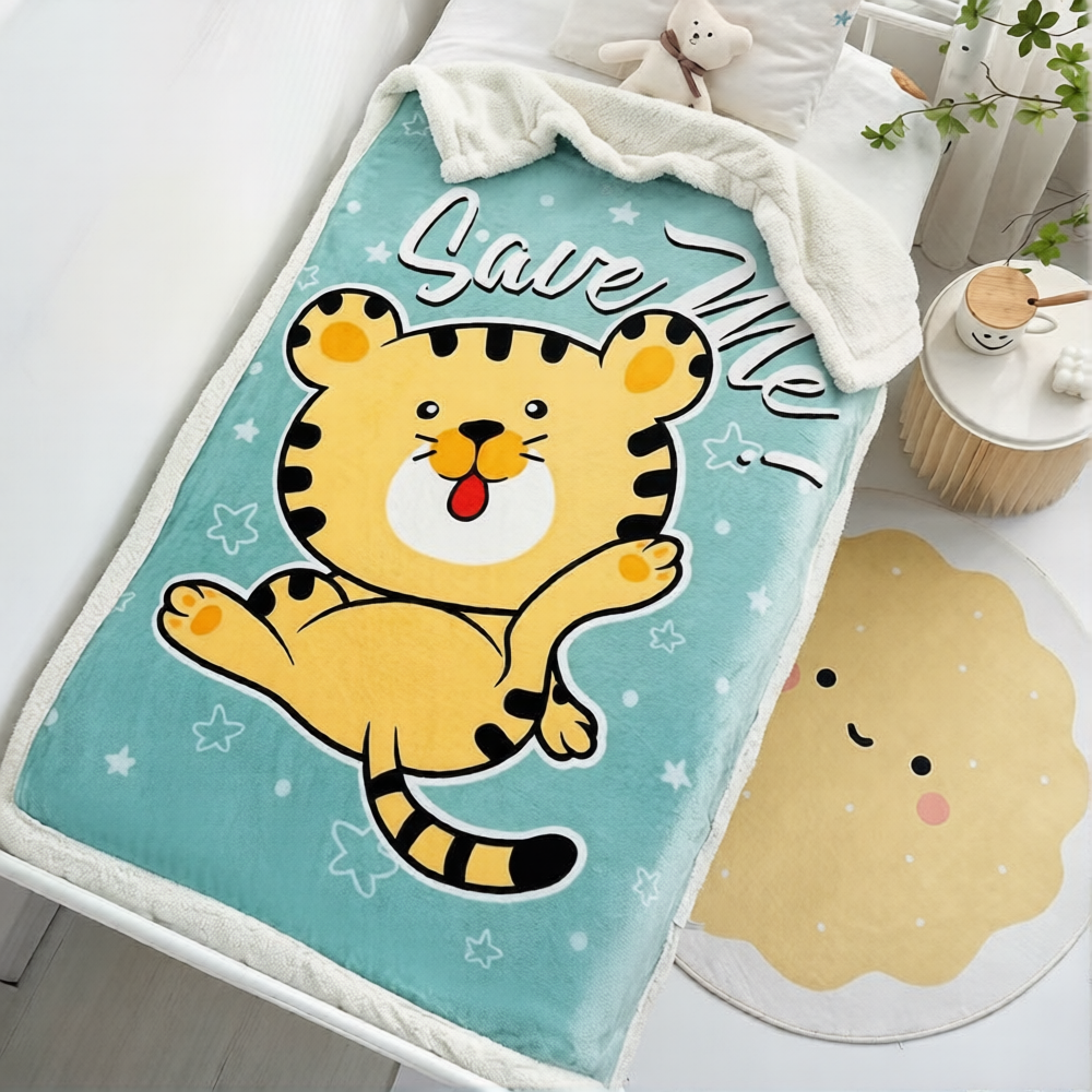 Детский плед на овчине с тигром 110x140 см Голубой с желтым