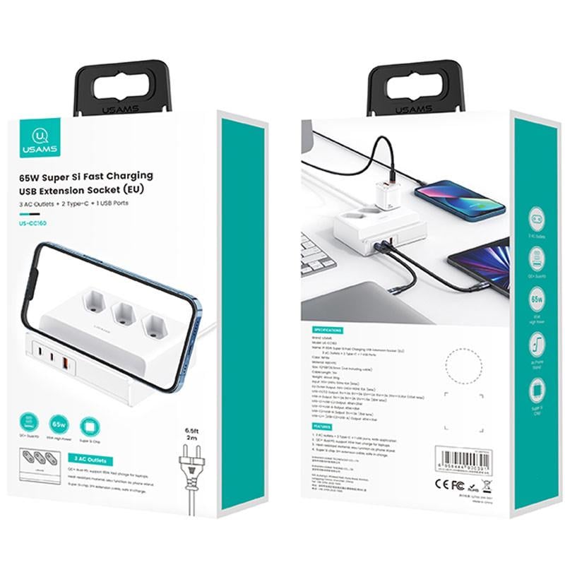 Зарядний пристрій мережевий Usams US-CC160 P1 65 W Super Si Fast Charging USB Extension Socket White (00000062679_1) - фото 6