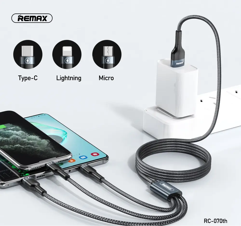 Кабель Remax RC-070th Lightning/MicroUSB/Type-C 120 см Черный - фото 2