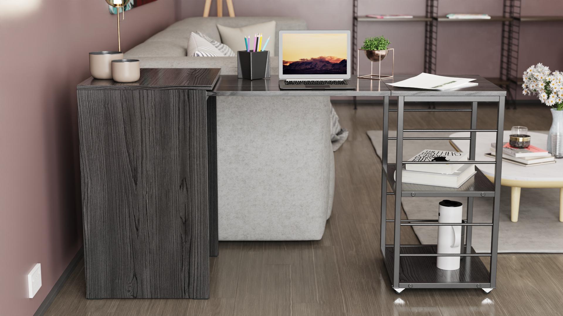 Стол-тумба трансформер Ferrum-decor Смарт 3/1 с этажеркой металл/ДСП 16 мм 1430x1450x500 мм Черный/Бетон (FRD-105115) - фото 8