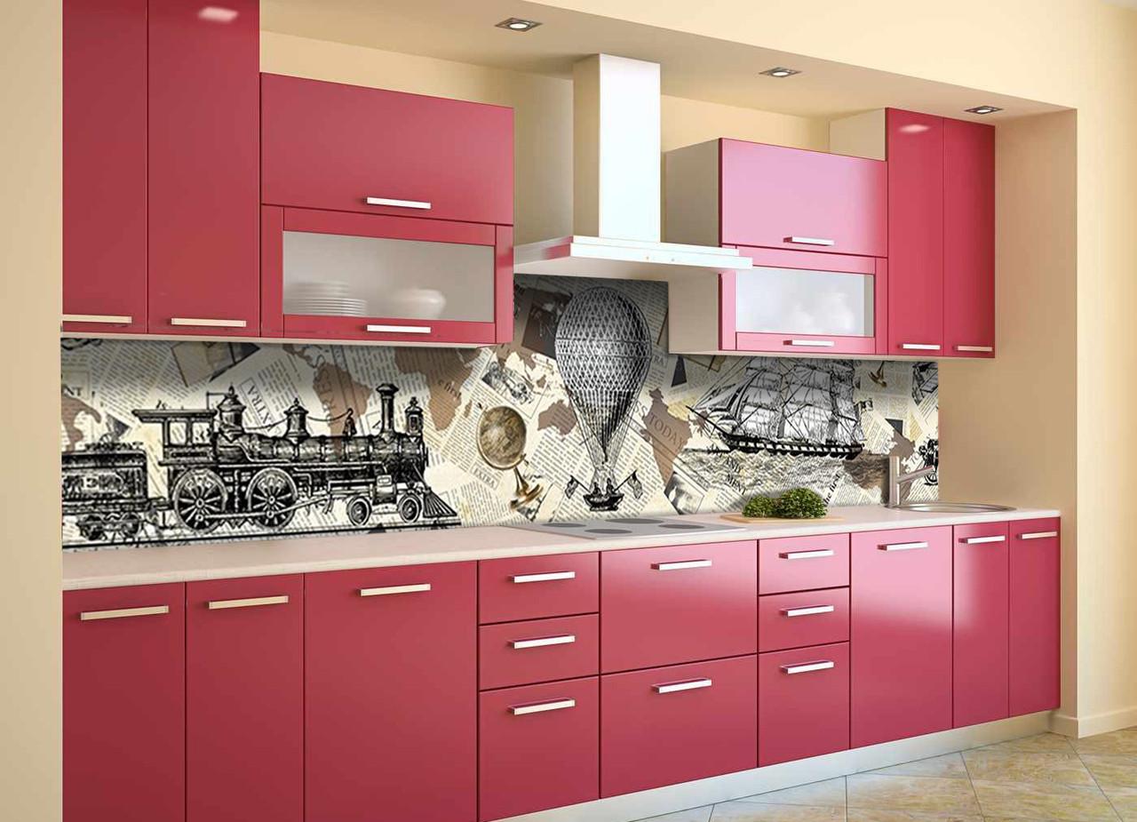 Кухонный фартук Zatarga "Ретро мир газеты паровоз воздушный шар" из самоклеющейся виниловой пленки 60х250 см Бежевый