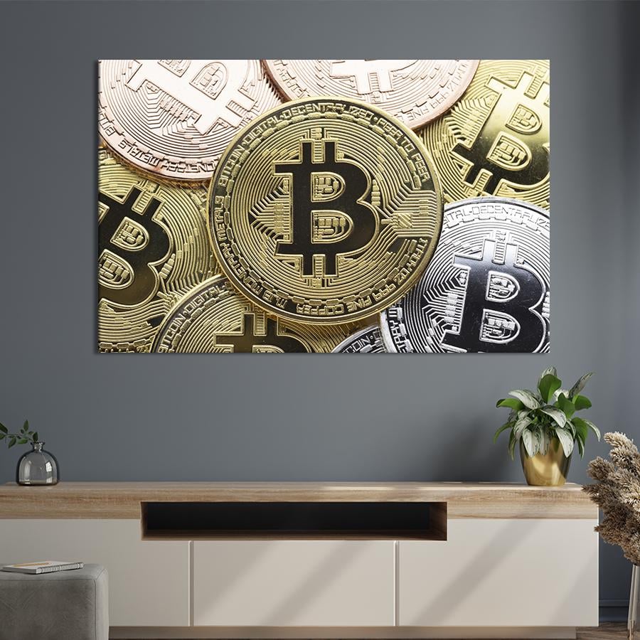 Настінний декор картина на холсті для інтер’єру Біткоїни 80x54 см (537-1)