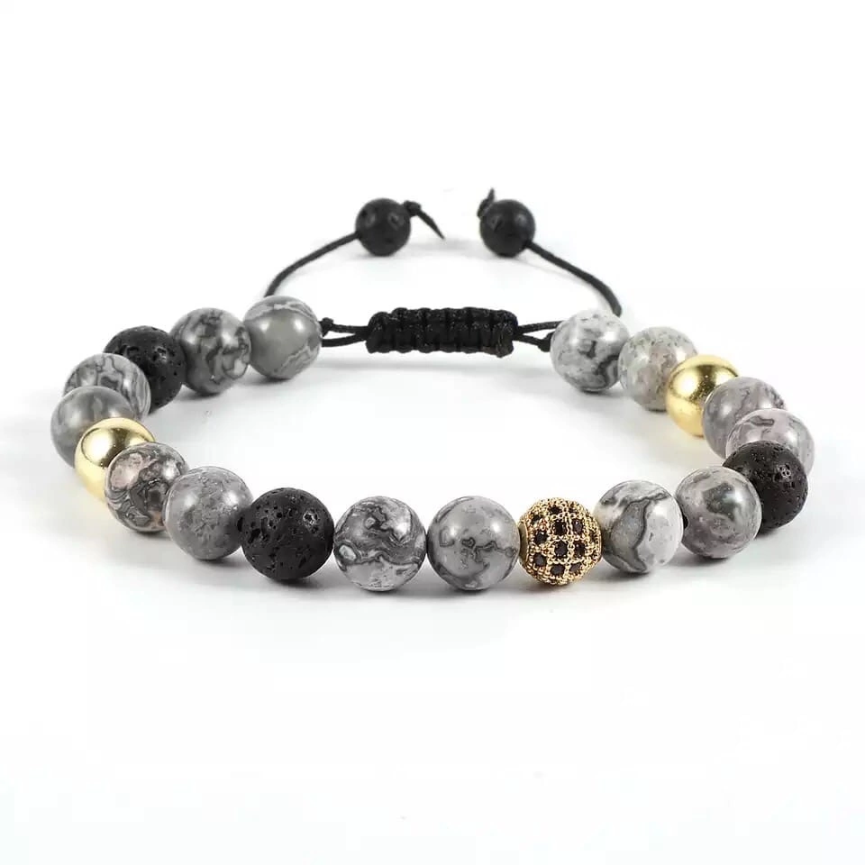 Браслет з яшми та лавового каменю з кулею на стяжці р. 15 Золотий (90112)