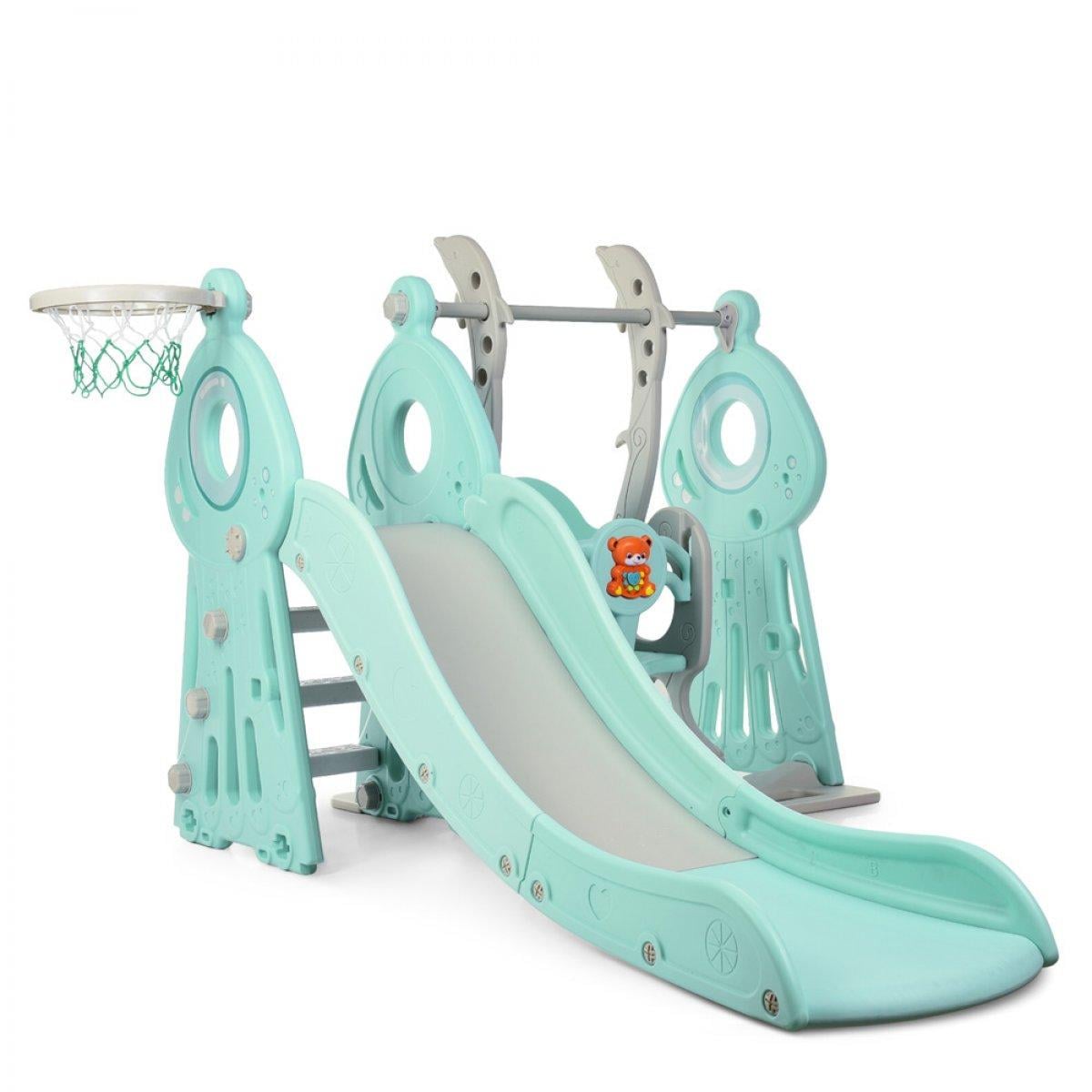 Детский игровой комплекс пластиковый Bambi WM19011-5 2в1 горка с качелями и баскетбольным кольцом 152х184х123 см Мятный (150-7-WM19011-5)