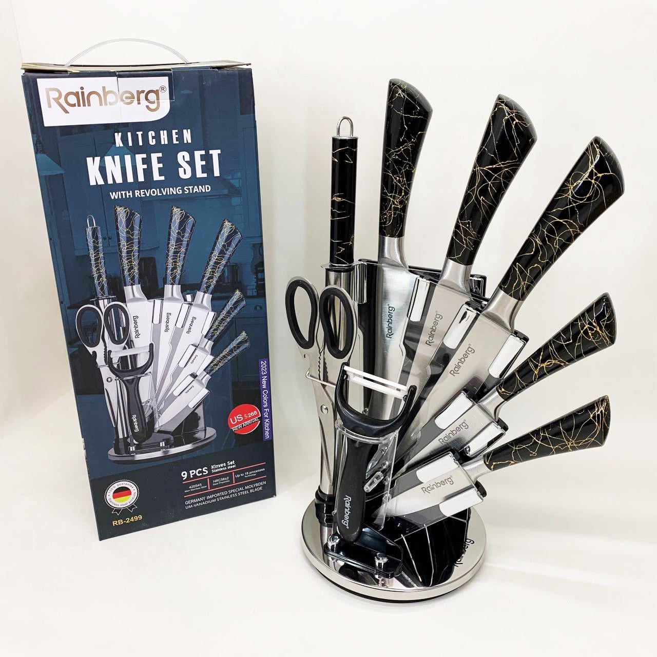 Набір кухонних ножів Rainberg RB-2499 на підставці що обертається 8 предметів Black (13356324) Набір кухонних ножів Rainberg RB-2499 на підставці що обертається 8 предметів Black (13356324)