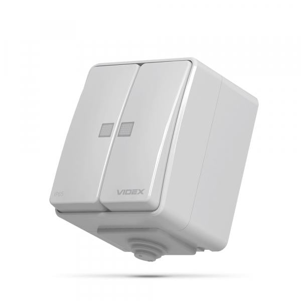 Вимикач Videx Binera зовнішній двохклавішний з підсвіткою Сірий (IP65)