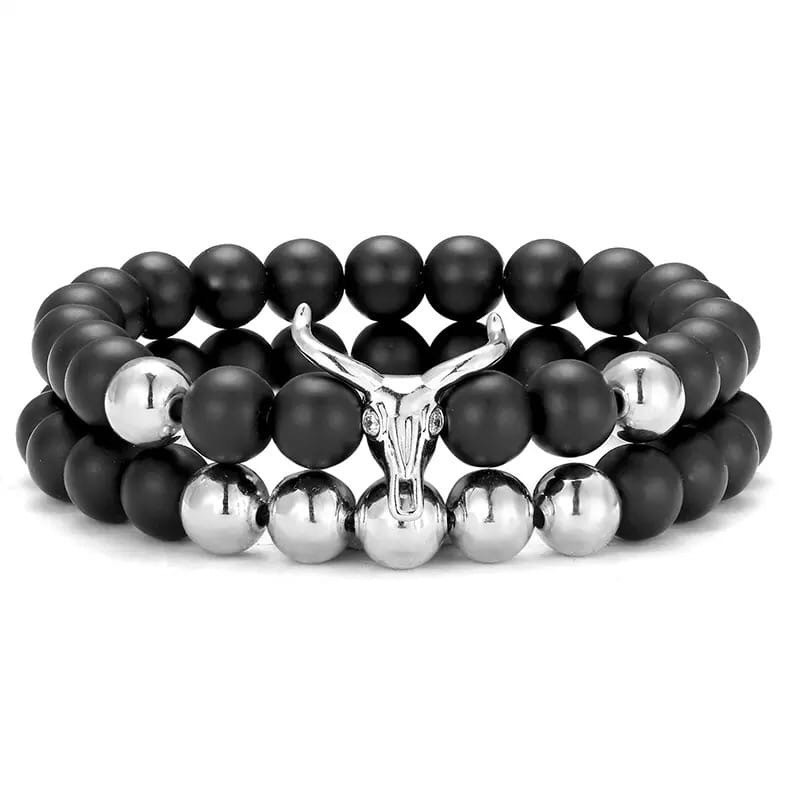 Комплект браслетів із шунгіту та гематиту з срібною антилопою р. 17 (12025)