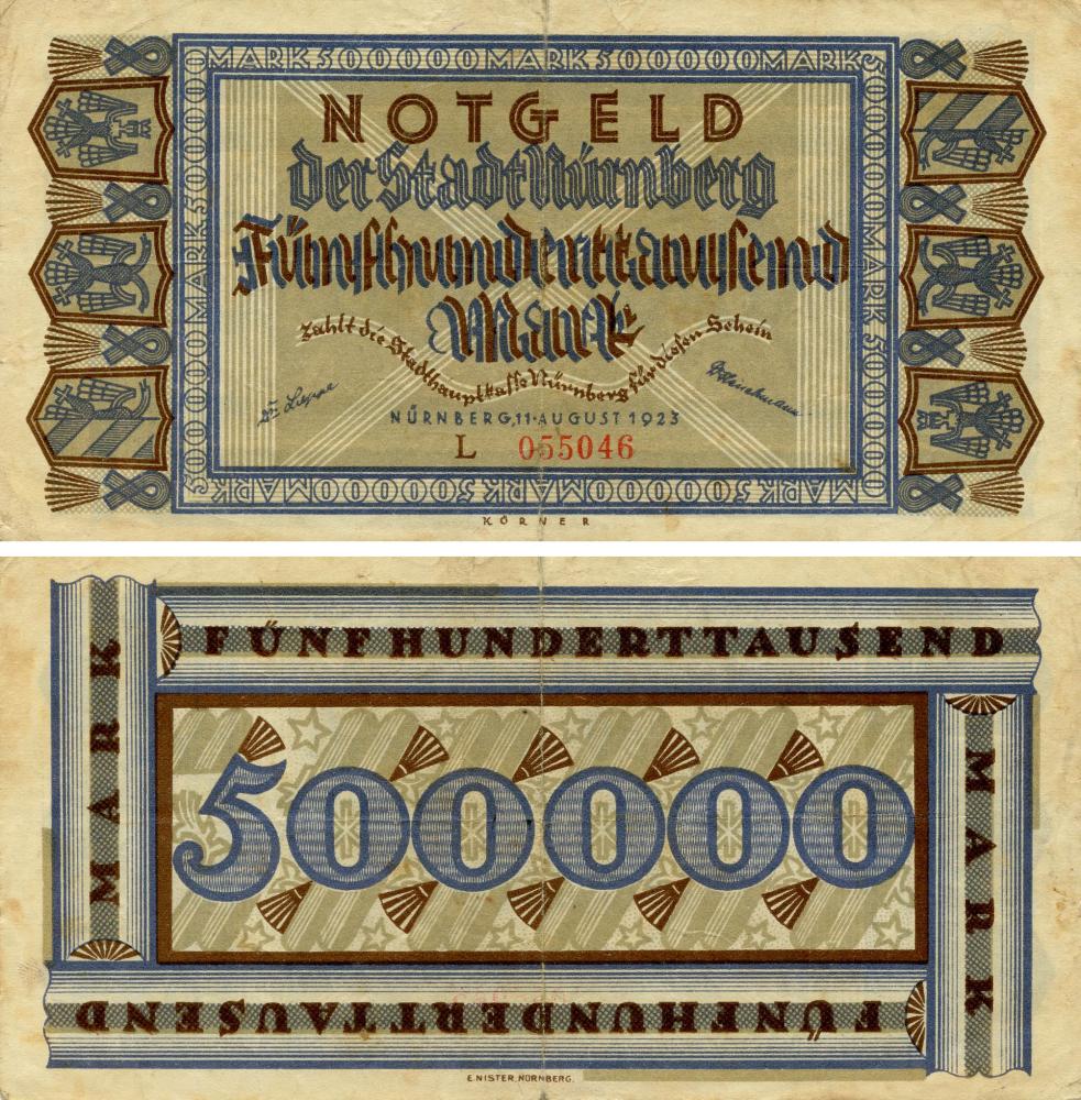 Коллекционная банкнота Германия Нотгельд 500 000 марок 1923 F-VF Нюрнберг Разновиность 1 (Б18885)