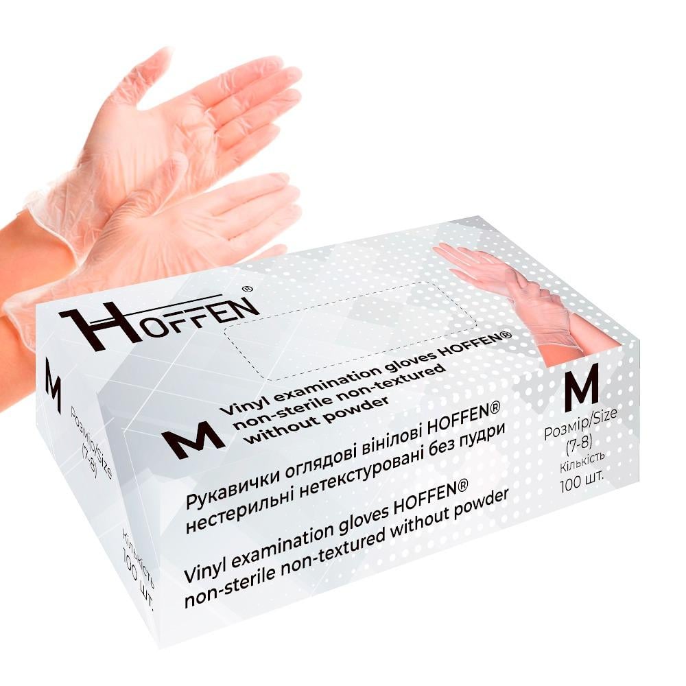 Перчатки виниловые M Hoffen 4 г нестерильные нетекстурированные б/п 50 пар (HFN-15402M)