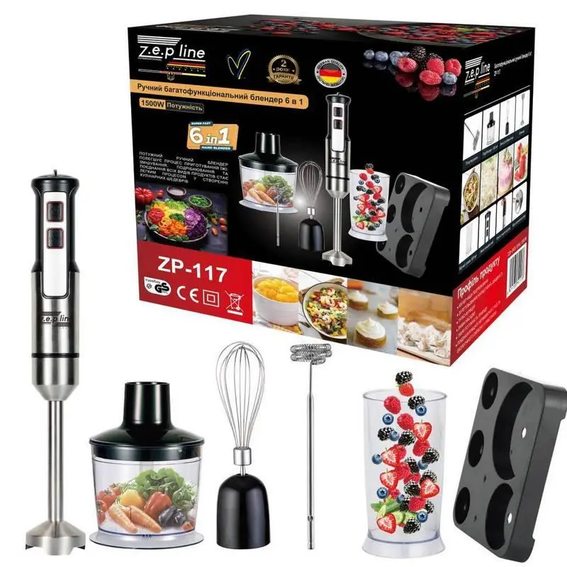 Блендер ручной погружной ZepLine ZP-117 на подставке со сменными насадками 6в1 1500 Вт Черный (30146331) Блендер ручной погружной ZepLine ZP-117 на подставке со сменными насадками 6в1 1500 Вт Черный (30146331)