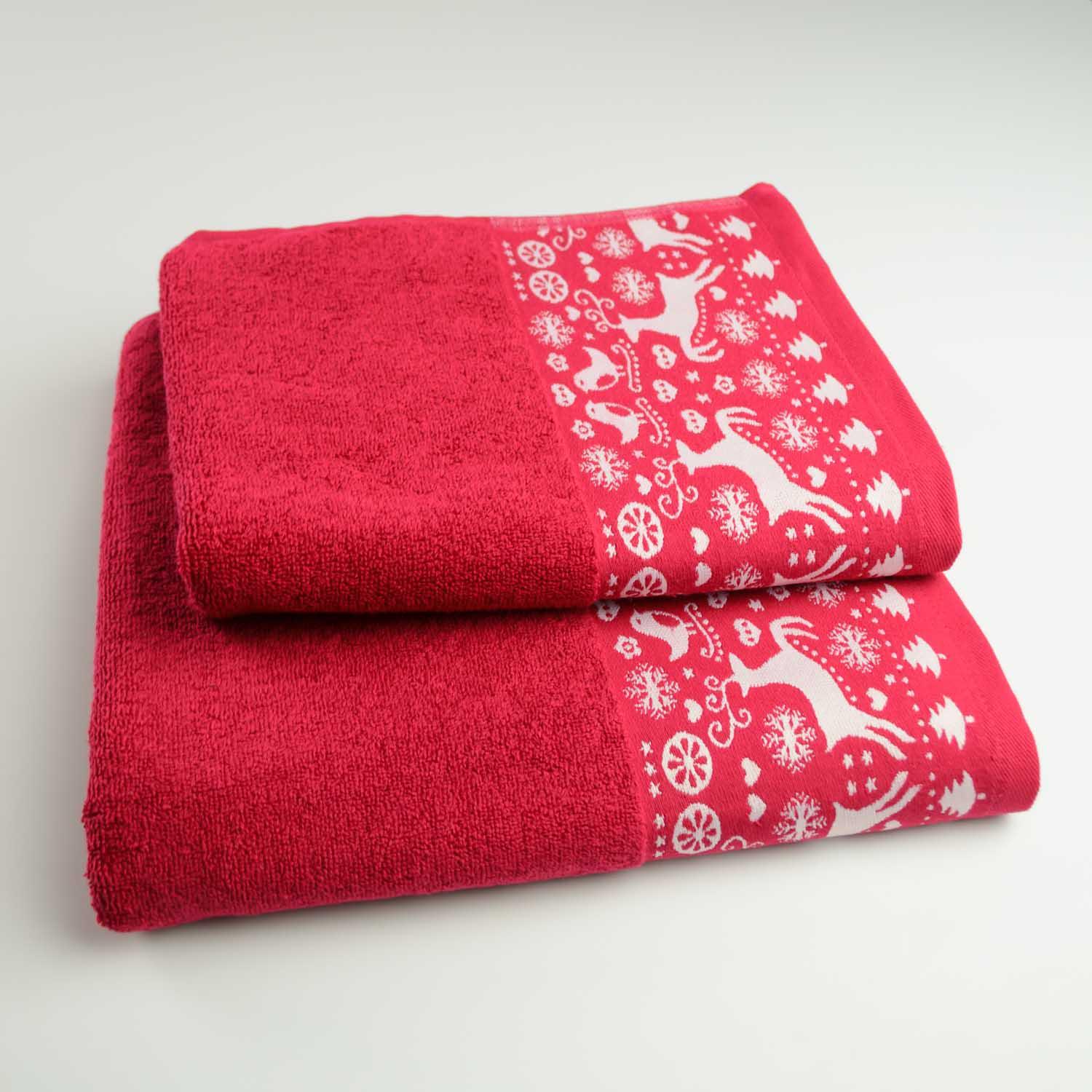 Комплект махровых полотенец GM Textile Merry Christmas Елени 2 шт. 50х90 см/70х140 см Красный (500-2k-mk-o-red)