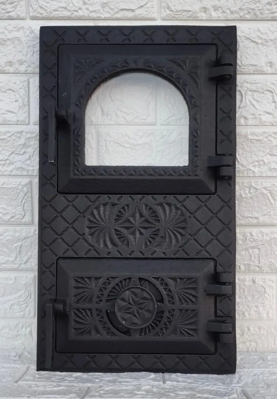 Дверцята пічні чавунні спарені Вікторія з термосклом та регулюванням піддуву 505х290 мм