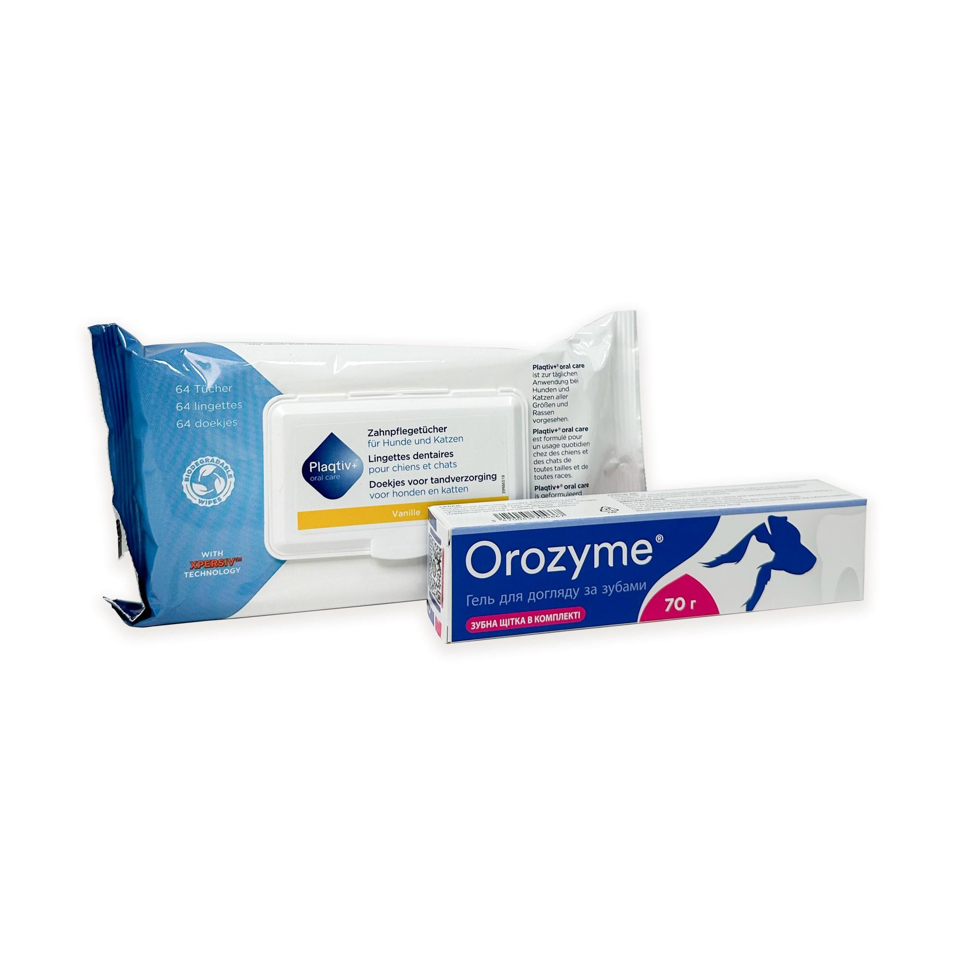 Набір для догляду за пащею тварин Гель Orozyme для зубів та ясен 70 г/Серветки Plaqtivplus Dental Wipes 64 шт. (38064181) Набір для догляду за пащею тварин Гель Orozyme для зубів та ясен 70 г/Серветки Plaqtivplus Dental Wipes 64 шт. (38064181)
