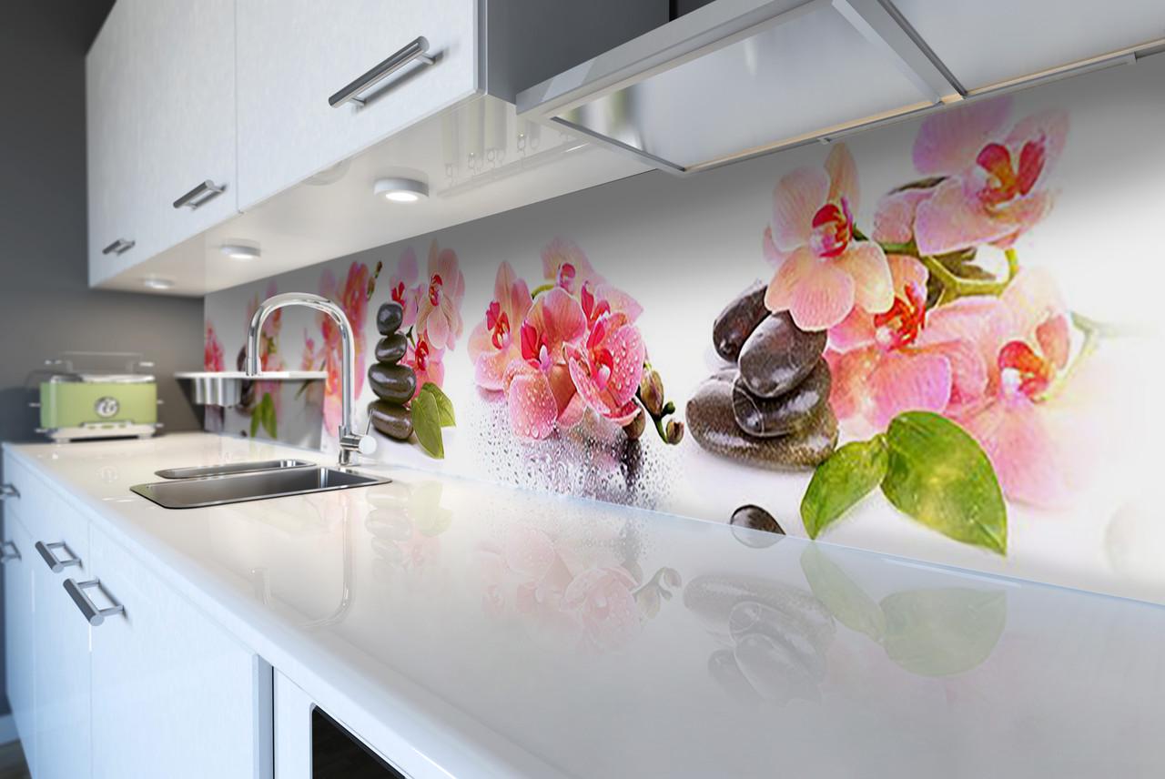 Кухонный фартук Мокрые орхидеи из самоклеющейся виниловой пленки 65х250 см Белый