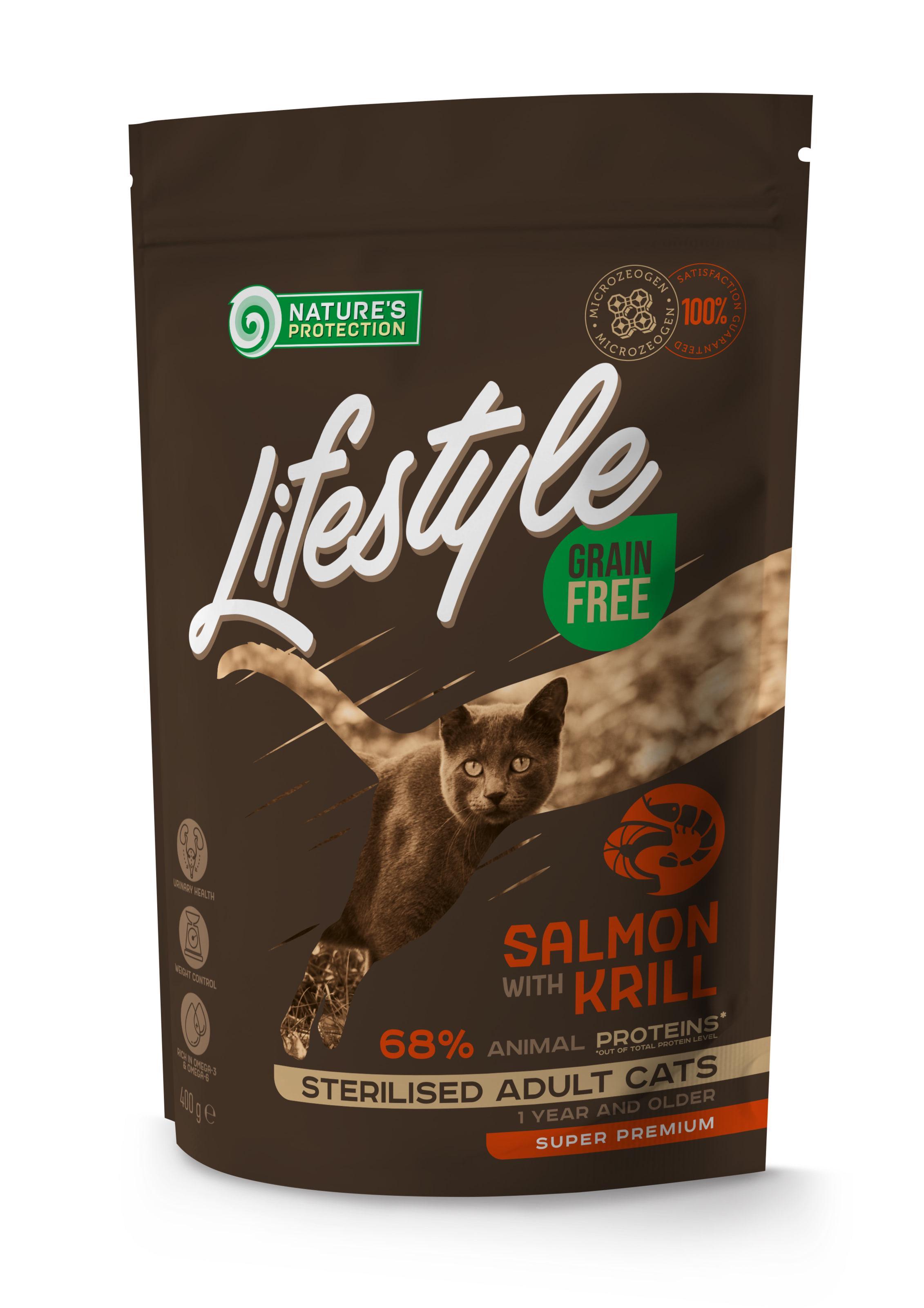 Корм сухий Nature's Protection Lifestyle Grain Free Salmon with krill Sterilised Cat з лососем та крилем для стерилізованих котів 0,4 кг (NPLS45798)