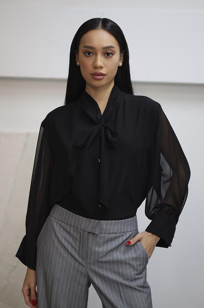 Блуза Lipar 2882 шифонова з зав'язуючимся бантом р. 48 Чорний (16907009)